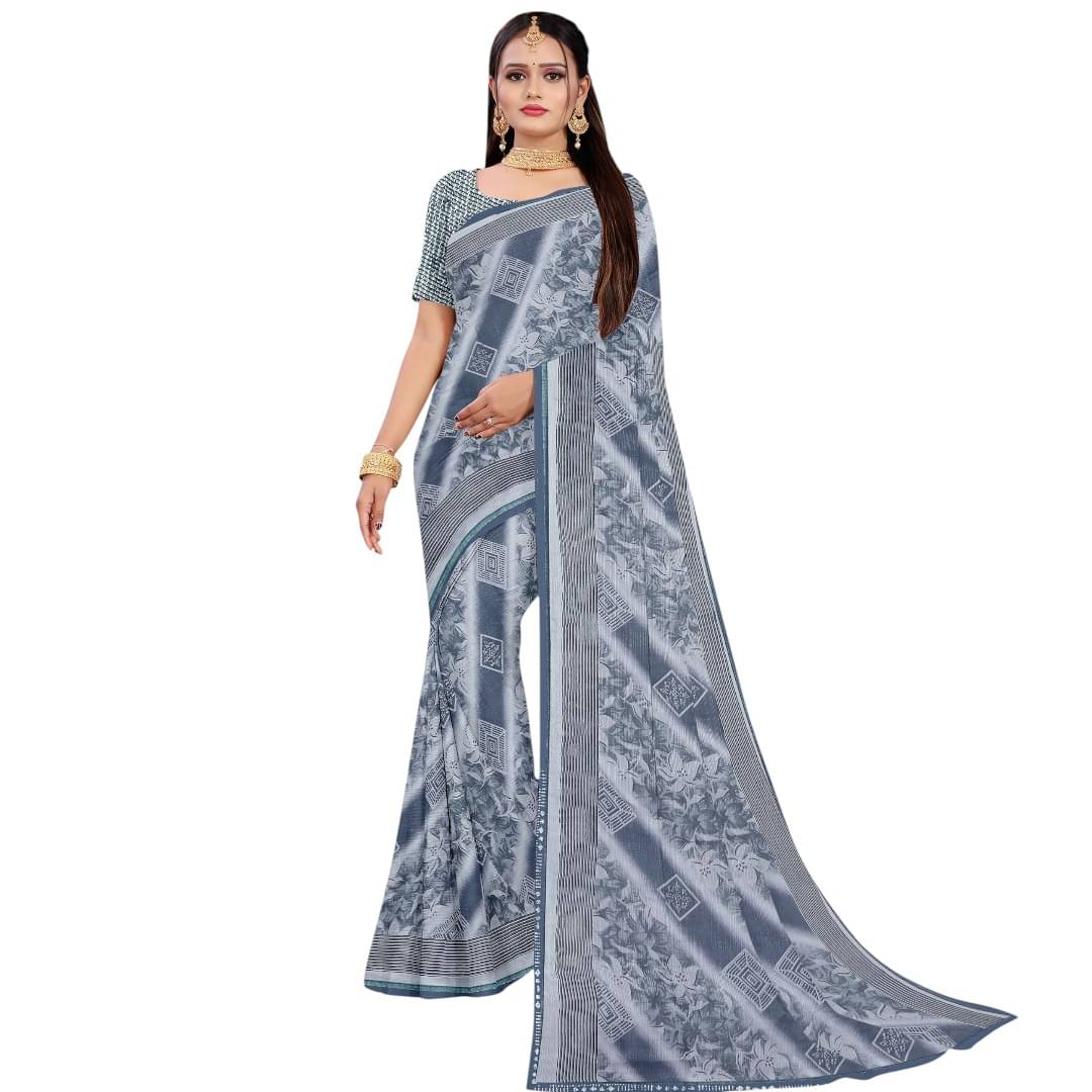 RADHEY COLLECTION Georgette Printed Regular Saree With Unstitched Blouse Piece ( Grey ) RADHEY COLLECTION Georgette Printed Regular Saree With Unstitched Blouse Piece ( Grey )