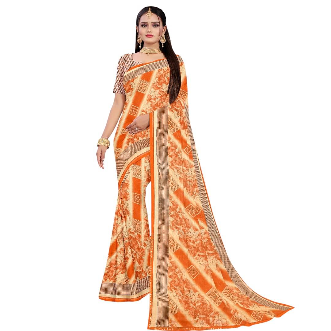 RADHEY COLLECTION Georgette Printed Regular Saree With Unstitched Blouse Piece ( Orange ) RADHEY COLLECTION Georgette Printed Regular Saree With Unstitched Blouse Piece ( Orange )