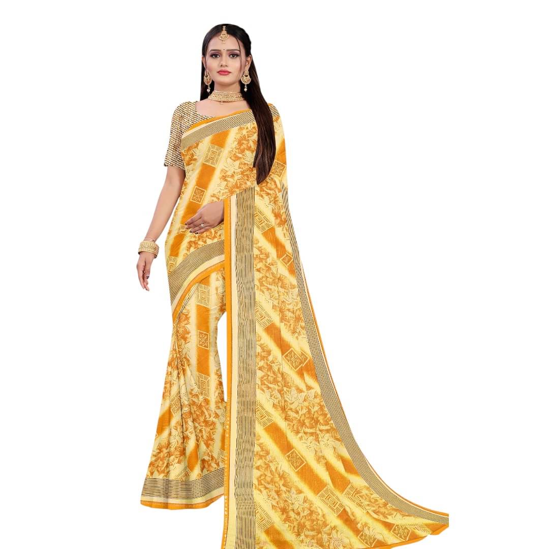 RADHEY COLLECTION Georgette Printed Regular Saree With Unstitched Blouse Piece ( Yellow ) RADHEY COLLECTION Georgette Printed Regular Saree With Unstitched Blouse Piece ( Yellow )