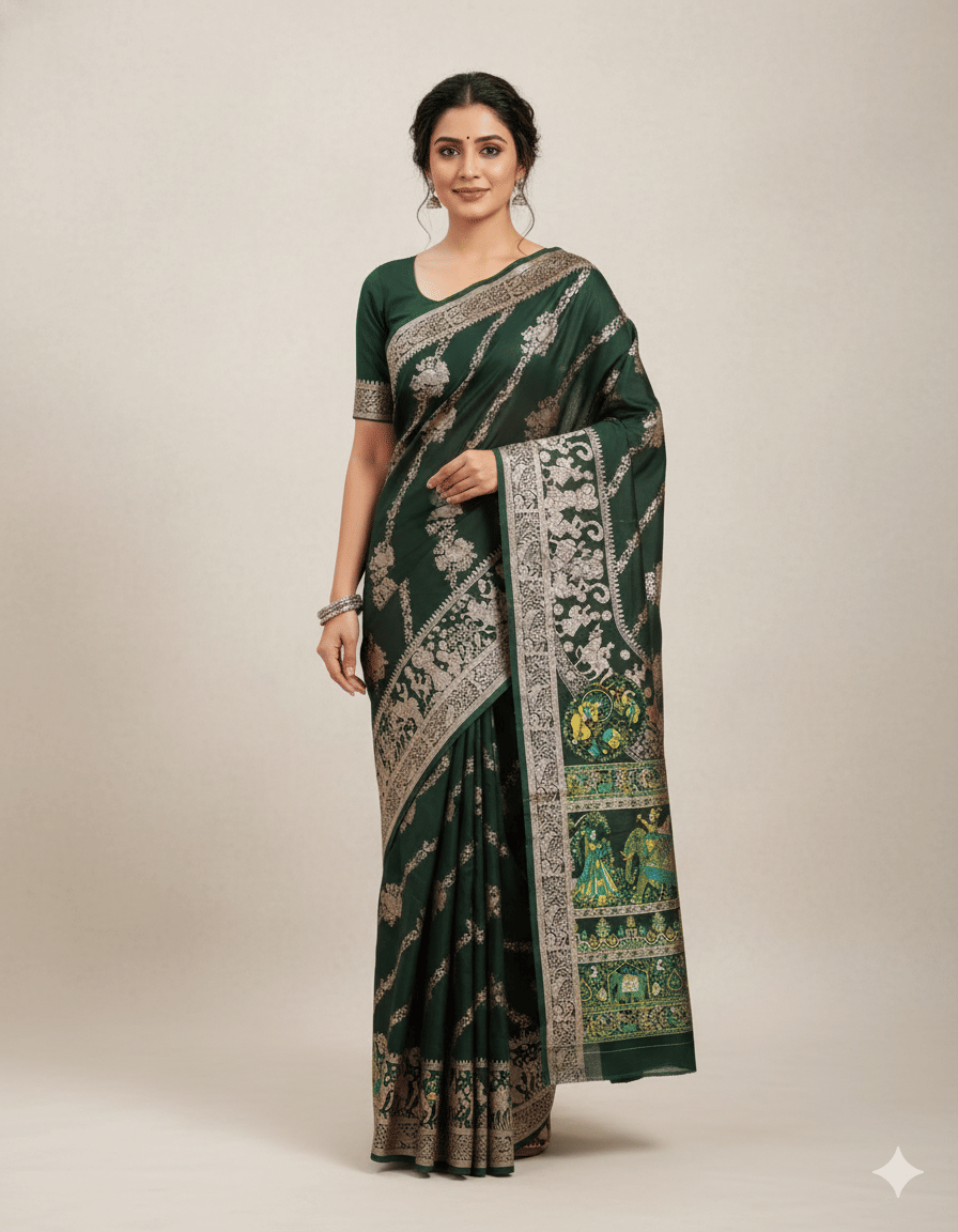 Semore Art Silk Embellished Baluchari Saree With Stitched Blouse ( Green ) Semore Art Silk Embellished Baluchari Saree With Stitched Blouse ( Green )