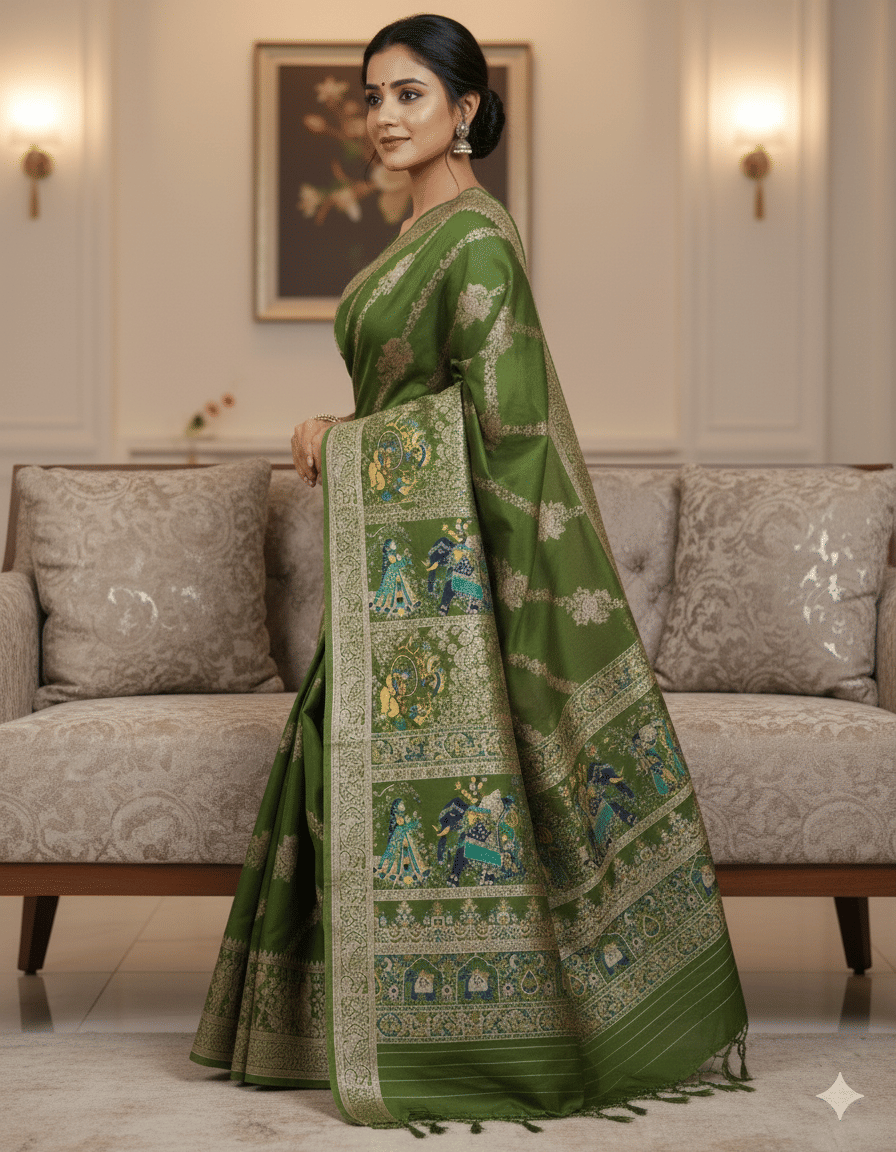 Semore Art Silk Embellished Baluchari Saree With Stitched Blouse ( Light Green ) Semore Art Silk Embellished Baluchari Saree With Stitched Blouse ( Light Green )