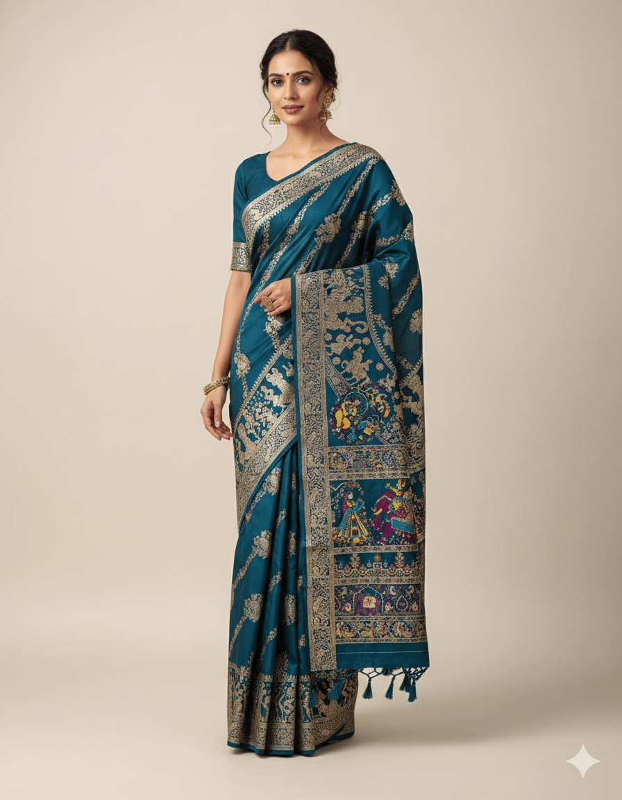 Semore Art Silk Embellished Baluchari Saree With Stitched Blouse ( Blue ) Semore Art Silk Embellished Baluchari Saree With Stitched Blouse ( Blue )
