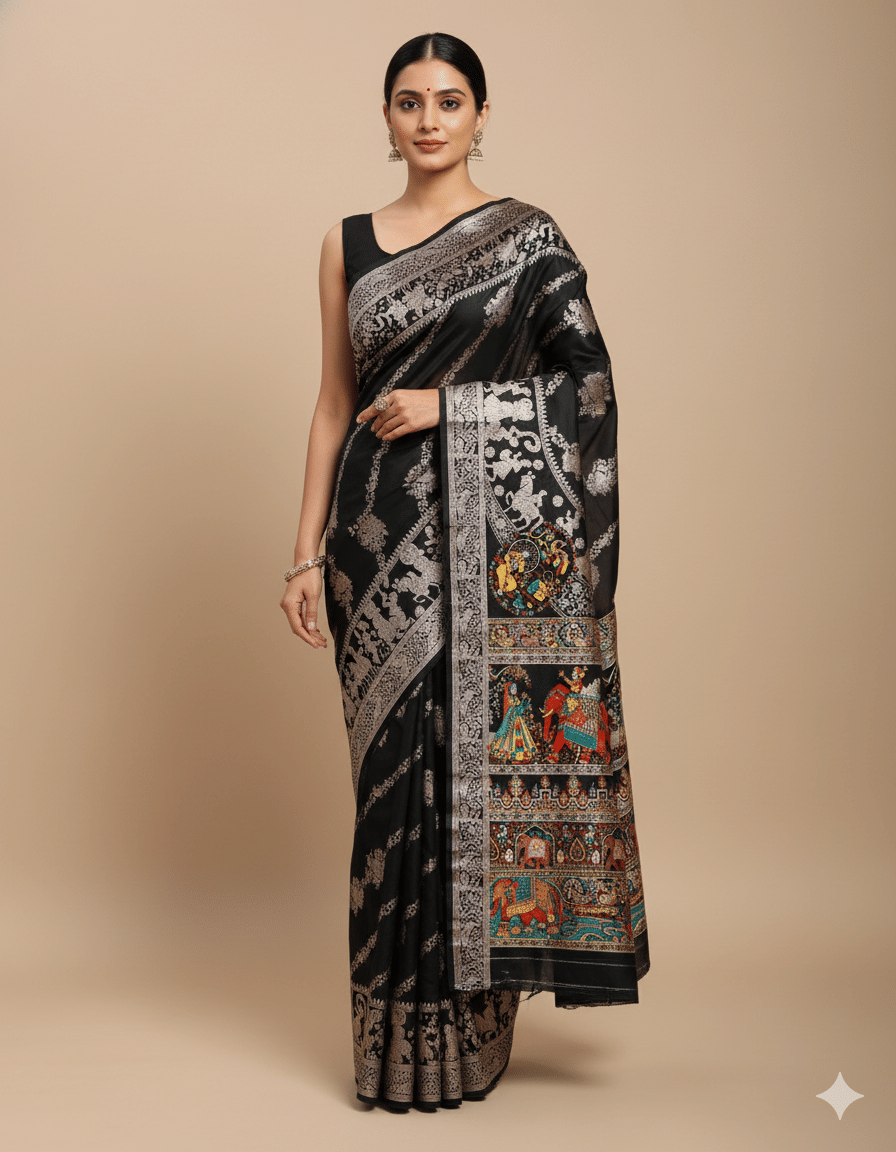 Semore Art Silk Embellished Baluchari Saree With Stitched Blouse ( Black ) Semore Art Silk Embellished Baluchari Saree With Stitched Blouse ( Black )