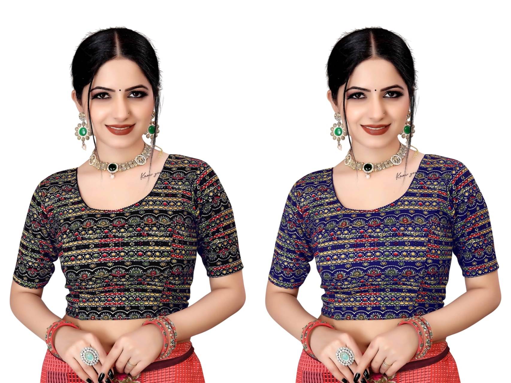     			TANISHAM FEB TEX Jacquard Readymade without Pad Round Neck Women's Blouse ( Blue,Black )