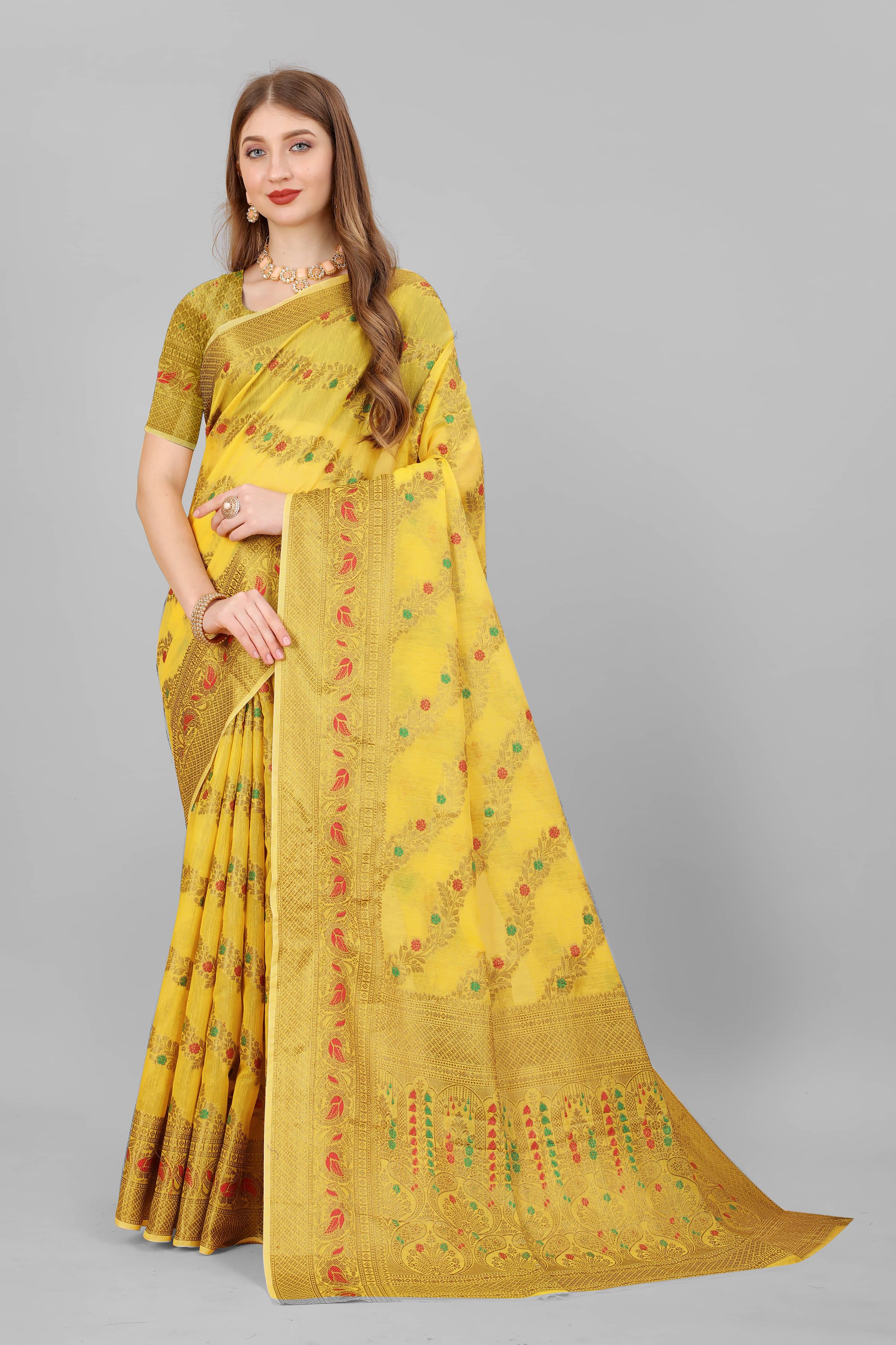 VS MALL Cotton Self Design Banarasi saree With Unstitched Blouse Piece ( Yellow ) VS MALL Cotton Self Design Banarasi saree With Unstitched Blouse Piece ( Yellow )