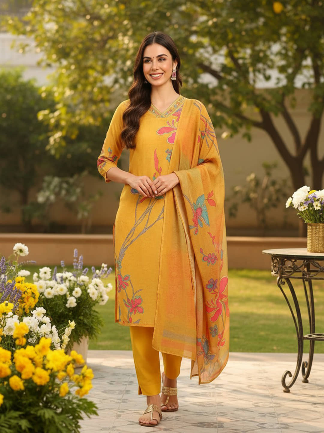 Vaamsi Women Silk Blend Printed Straight Kurti With Pants ( Mustard )