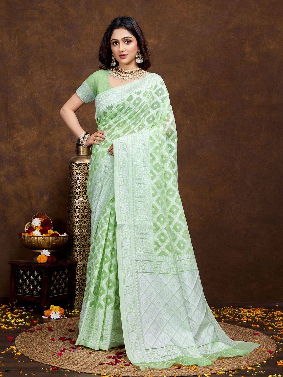 Durga Textile Cotton Blend Printed Chanderi saree With Unstitched Blouse Piece ( Green ) Durga Textile Cotton Blend Printed Chanderi saree With Unstitched Blouse Piece ( Green )