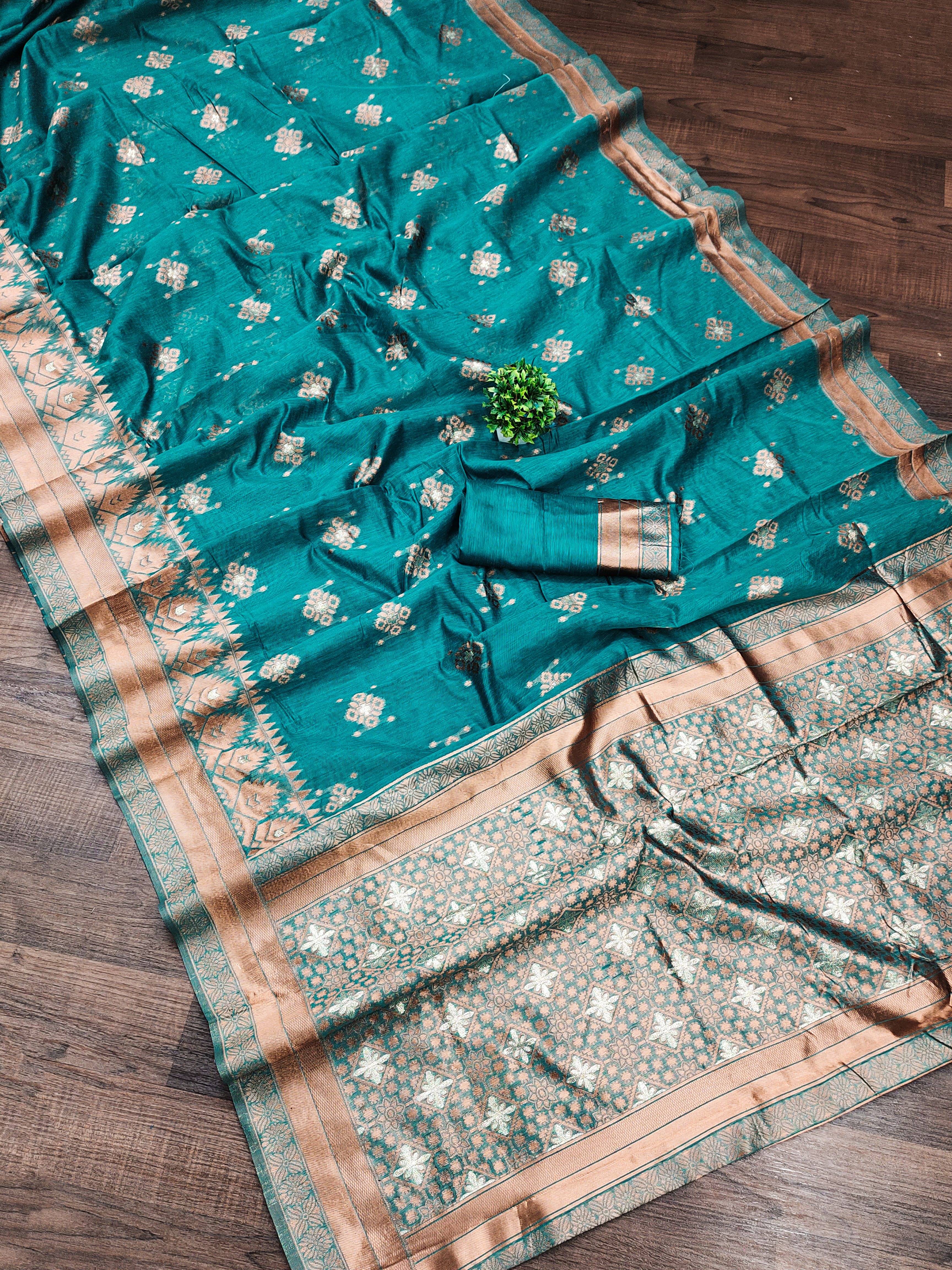 Durga Textile Cotton Blend Printed Chanderi saree With Unstitched Blouse Piece ( Green ) Durga Textile Cotton Blend Printed Chanderi saree With Unstitched Blouse Piece ( Green )