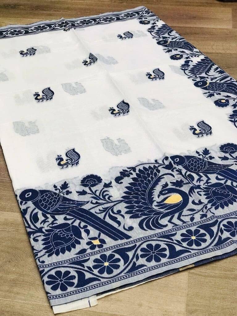 Durga Textile Cotton Blend Printed Jamdani Saree With Unstitched Blouse Piece ( White ) Durga Textile Cotton Blend Printed Jamdani Saree With Unstitched Blouse Piece ( White )