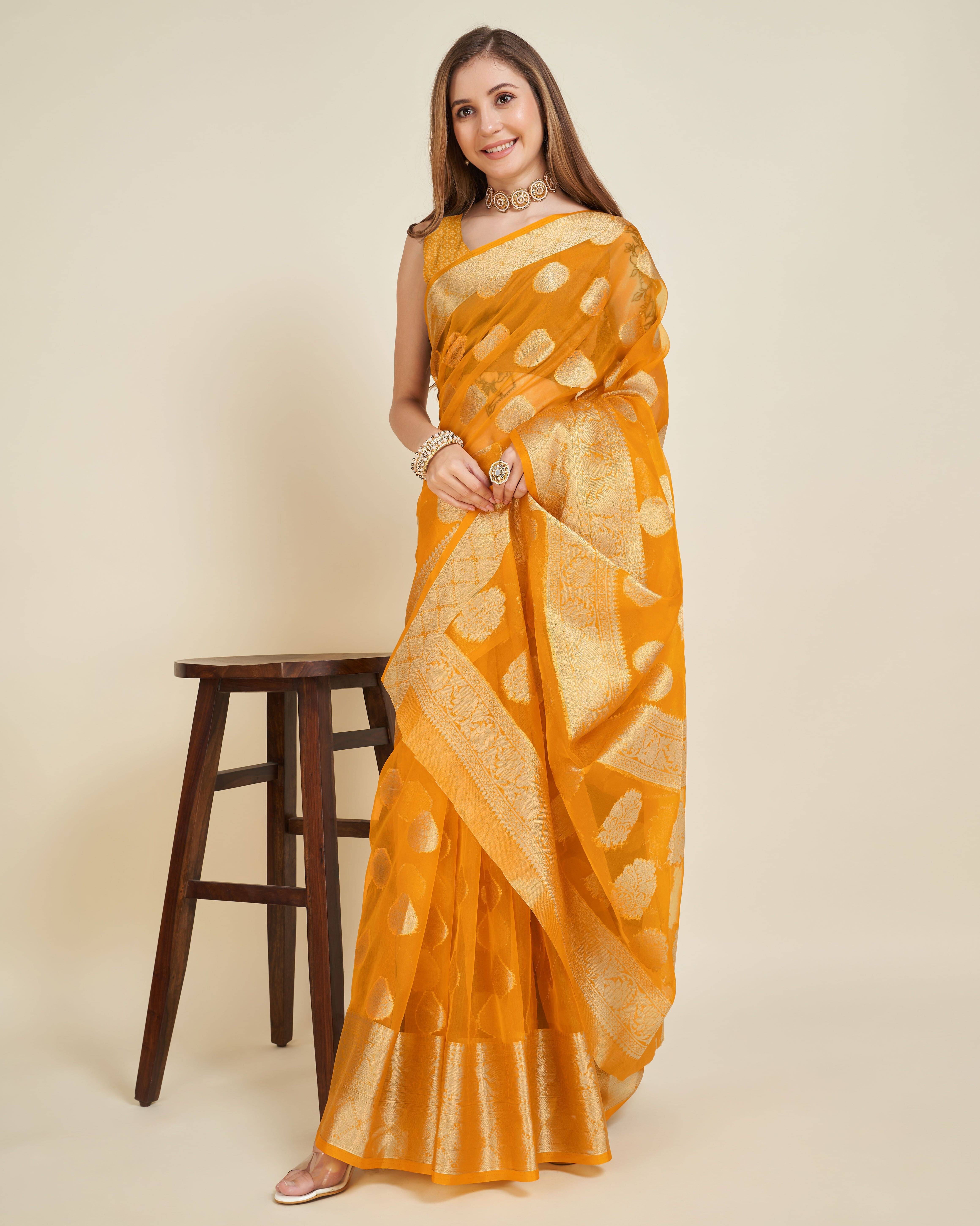     			Durga Textile Jacquard Printed Banarasi saree With Unstitched Blouse Piece ( Gold )