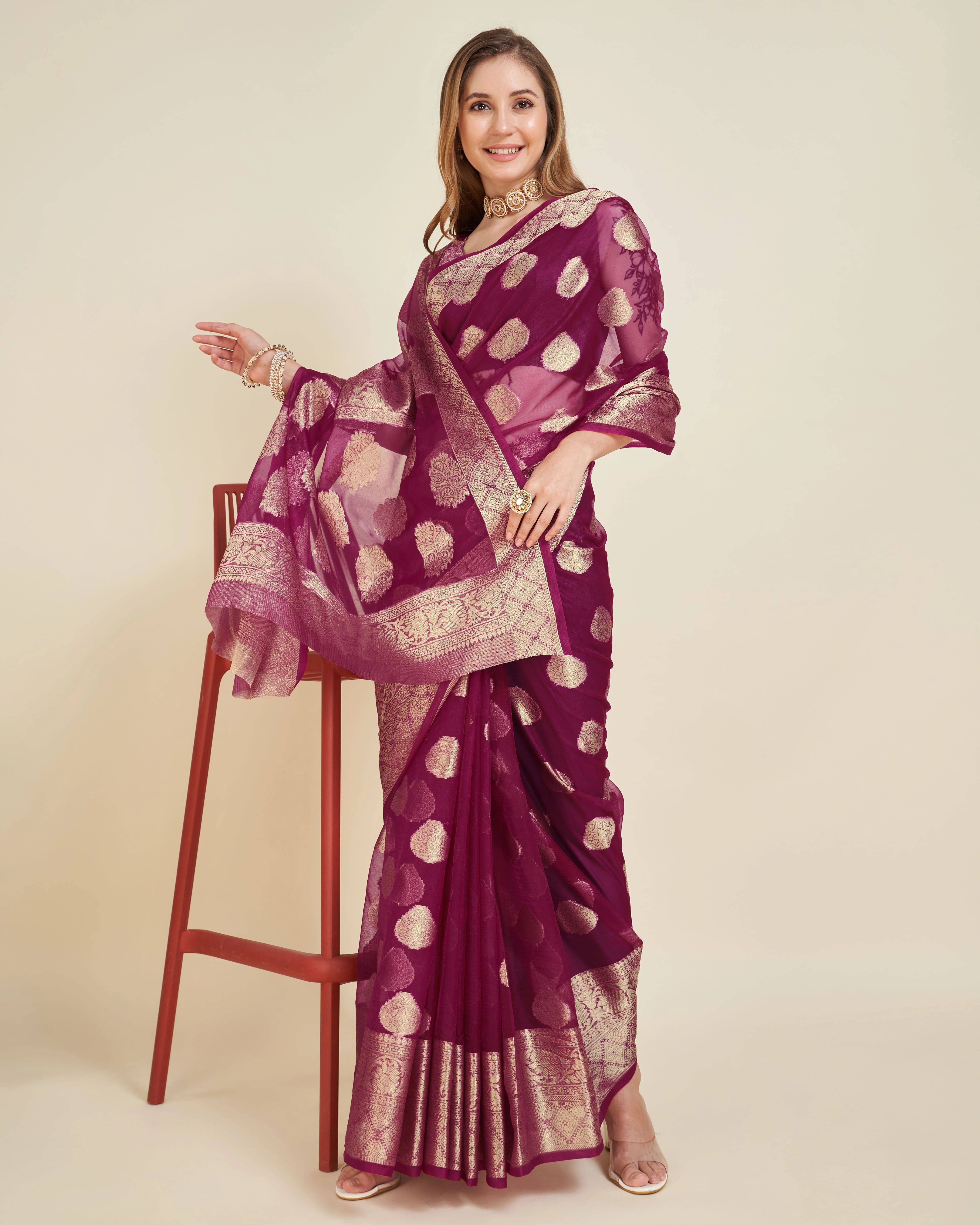     			Durga Textile Jacquard Printed Banarasi saree With Unstitched Blouse Piece ( Purple )