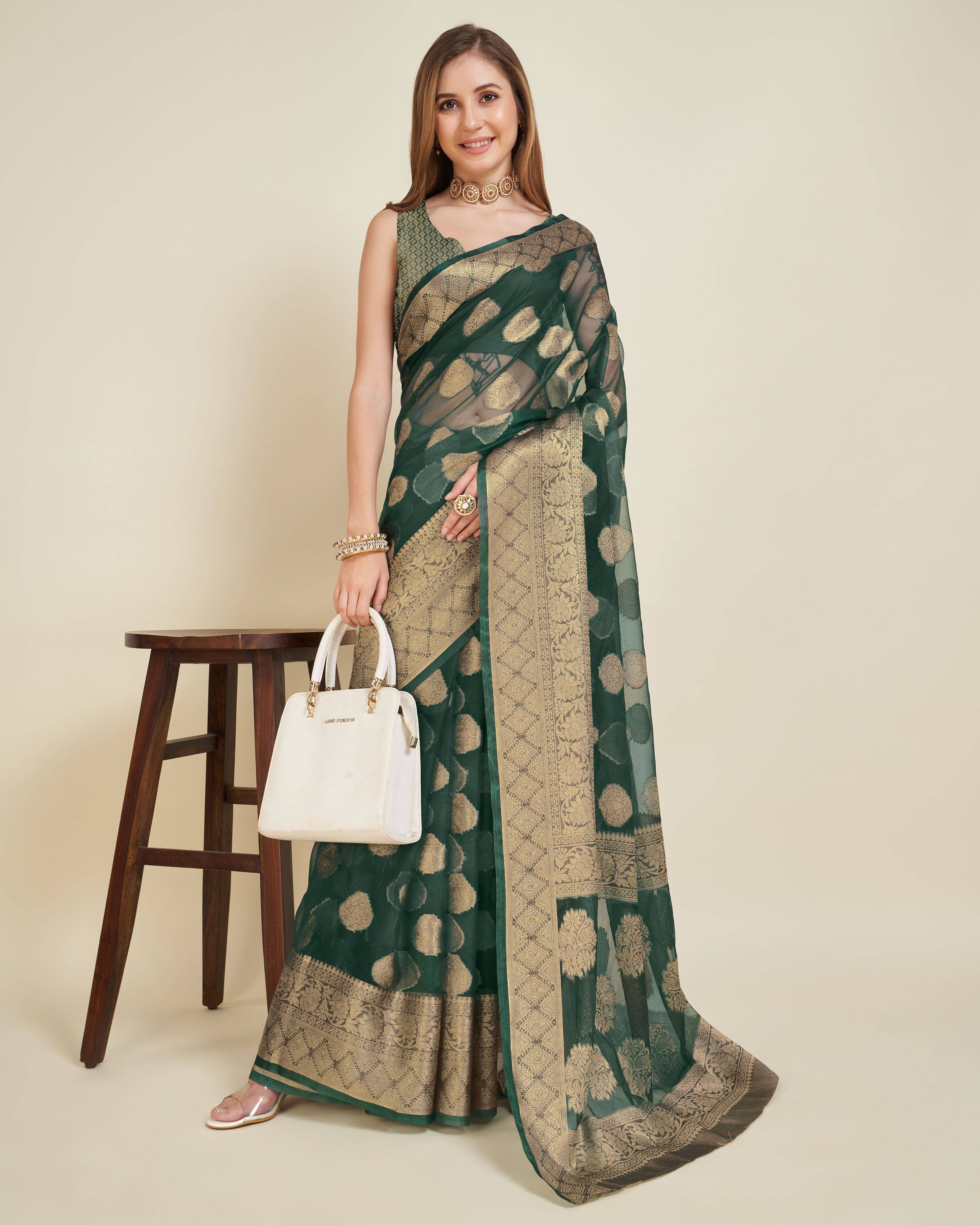    			Durga Textile Jacquard Printed Banarasi saree With Unstitched Blouse Piece ( Green )