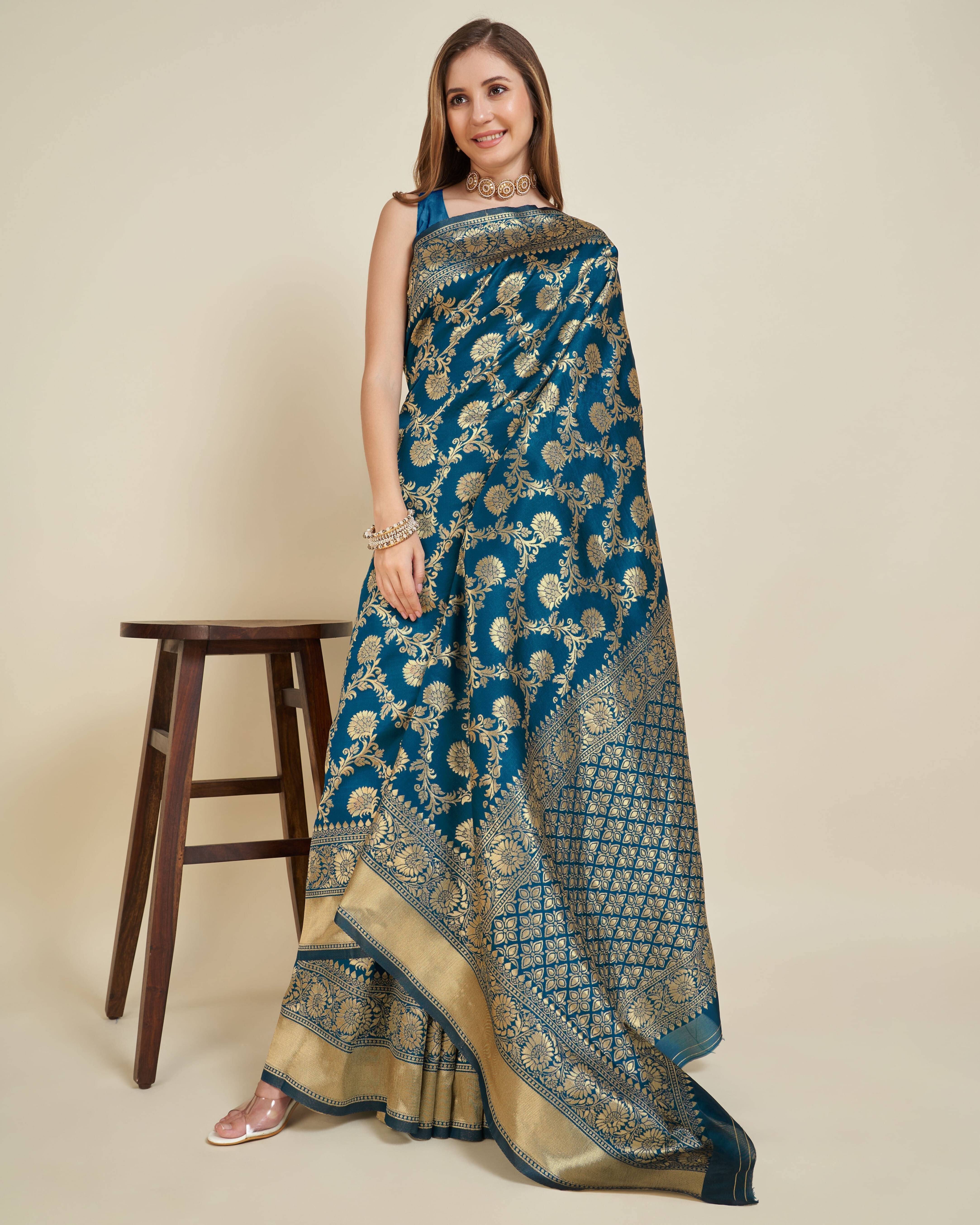     			Durga Textile Jacquard Printed Banarasi saree With Unstitched Blouse Piece ( Blue )