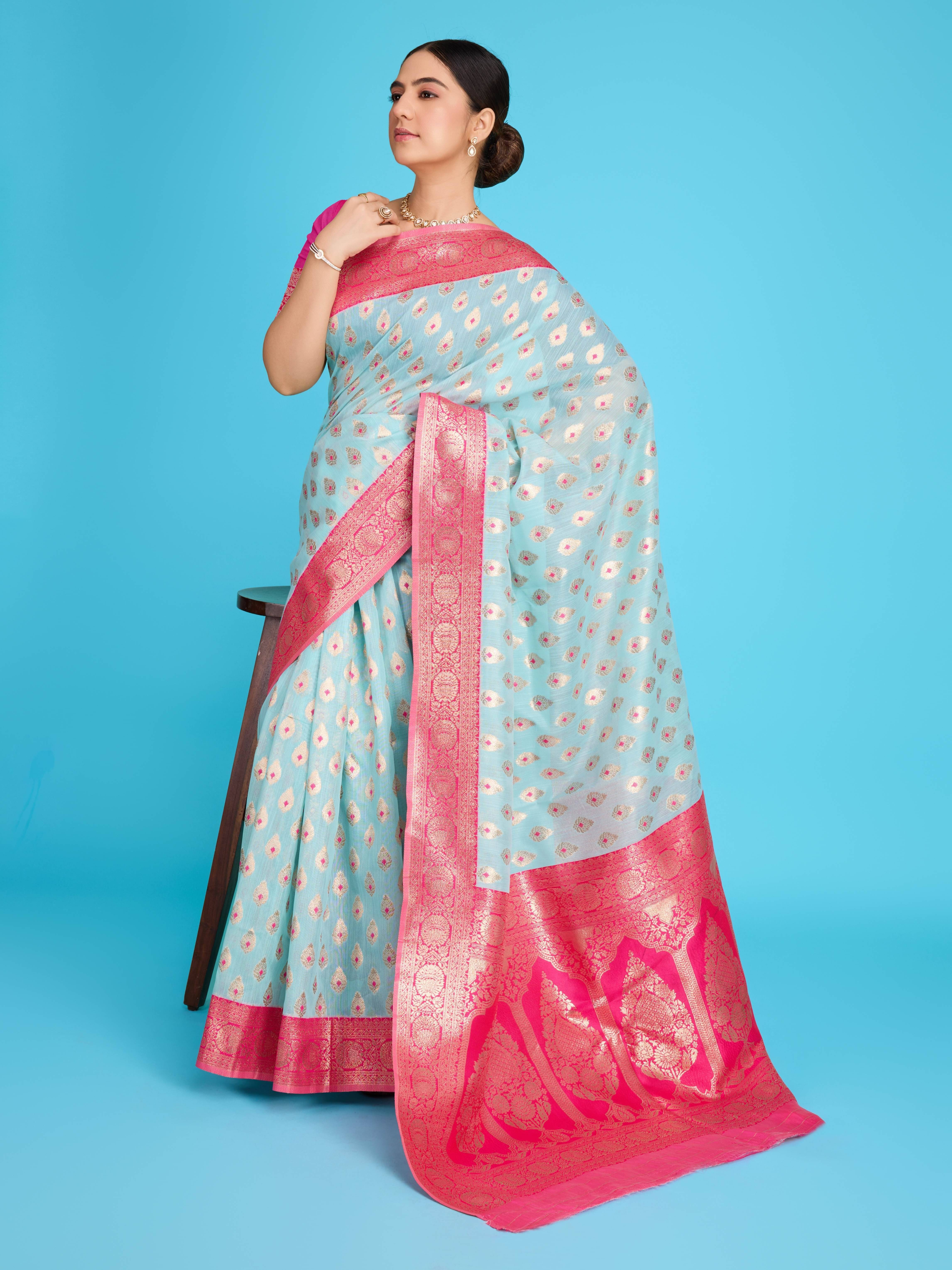     			Durga Textile Jacquard Printed Banarasi saree With Unstitched Blouse Piece ( Light Blue )