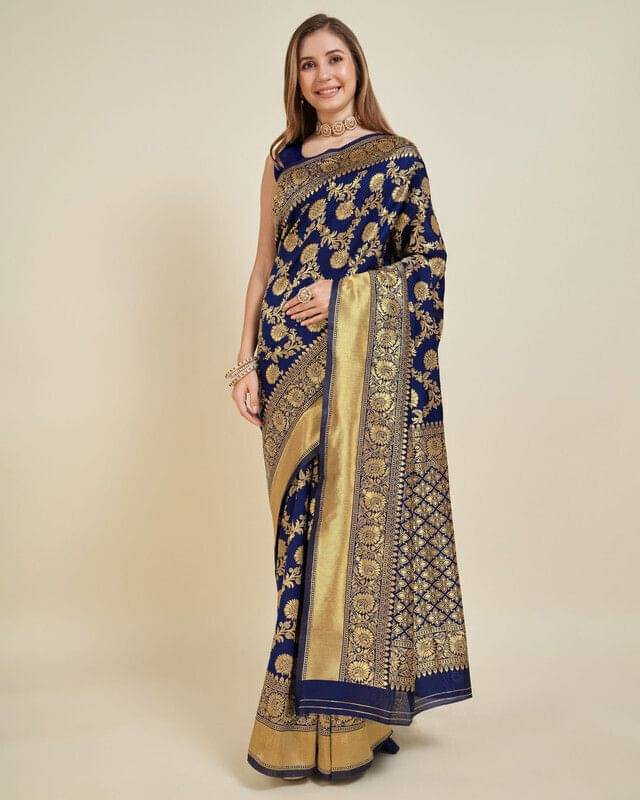 Durga Textile Jacquard Printed Banarasi saree With Unstitched Blouse Piece ( Blue ) Durga Textile Jacquard Printed Banarasi saree With Unstitched Blouse Piece ( Blue )