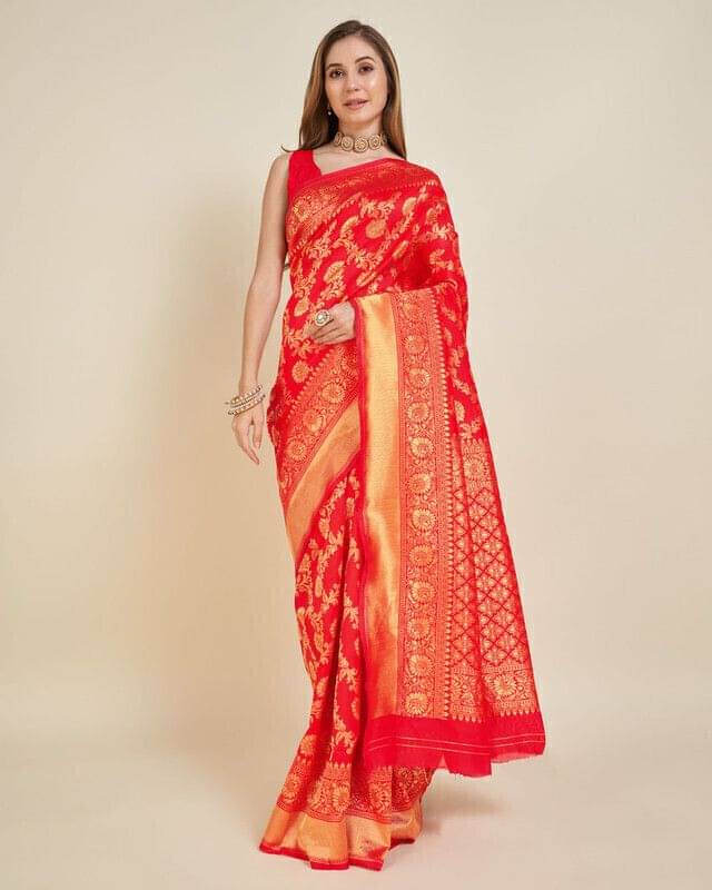     			Durga Textile Jacquard Printed Banarasi saree With Unstitched Blouse Piece ( Red )