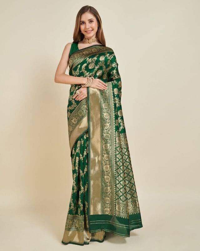     			Durga Textile Jacquard Printed Banarasi saree With Unstitched Blouse Piece ( Green )