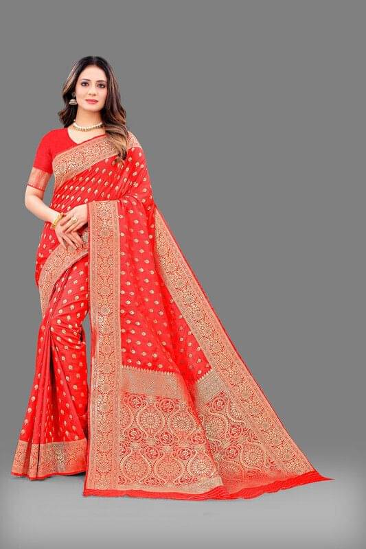     			Durga Textile Jacquard Printed Banarasi saree With Unstitched Blouse Piece ( Red )