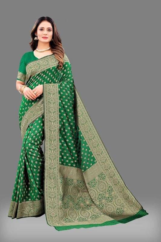    			Durga Textile Jacquard Printed Banarasi saree With Unstitched Blouse Piece ( Green )