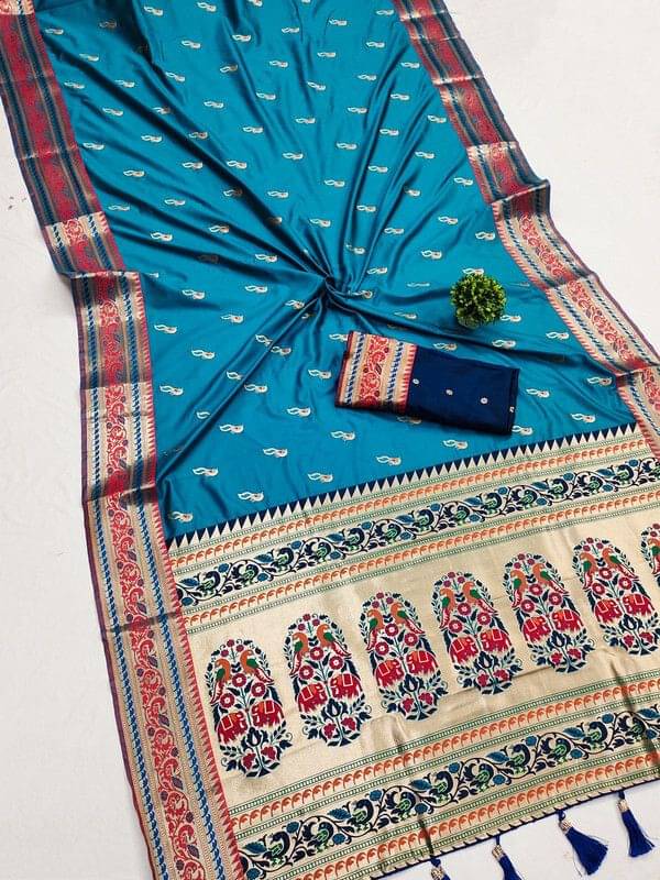     			Durga Textile Jacquard Printed Paithani Sarees With Unstitched Blouse Piece ( Blue )