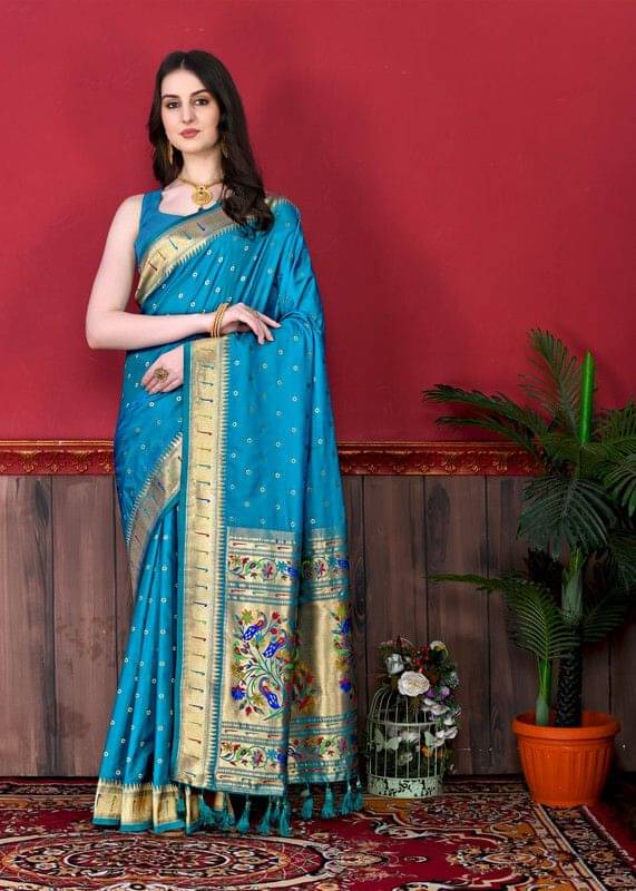     			Durga Textile Jacquard Printed Paithani Sarees With Unstitched Blouse Piece ( Light Blue )