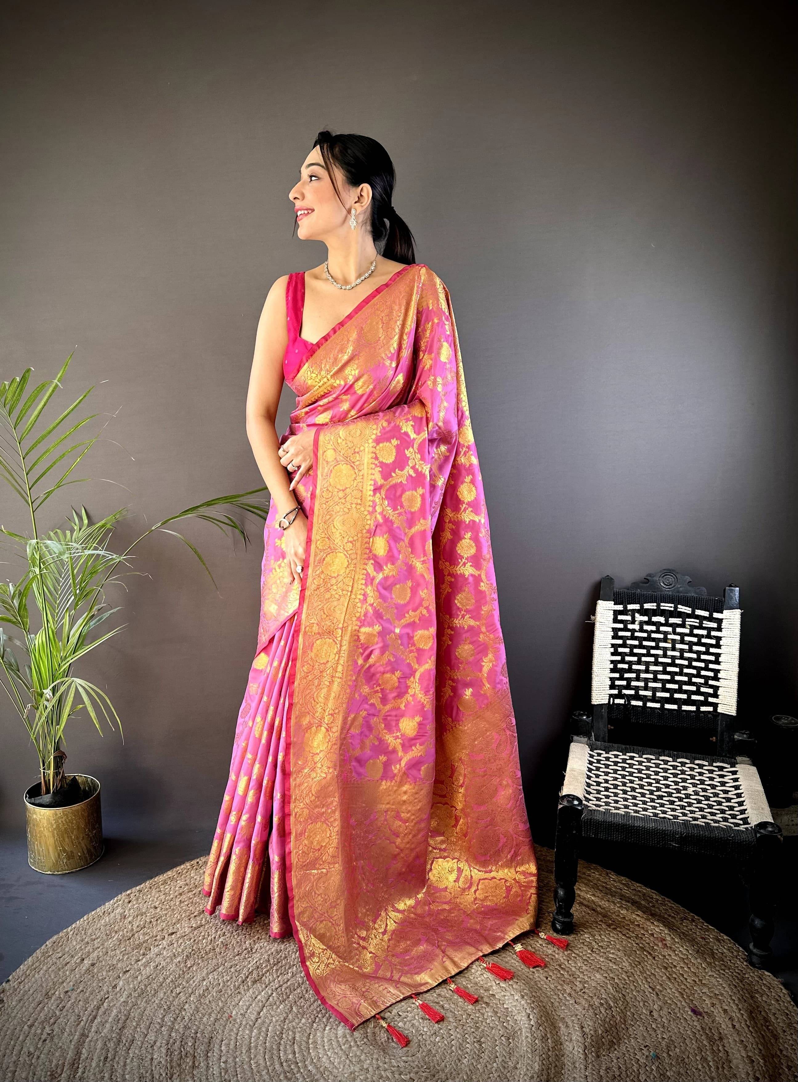 Durga Textile Silk Blend Printed Banarasi saree With Unstitched Blouse Piece ( Pink ) Durga Textile Silk Blend Printed Banarasi saree With Unstitched Blouse Piece ( Pink )
