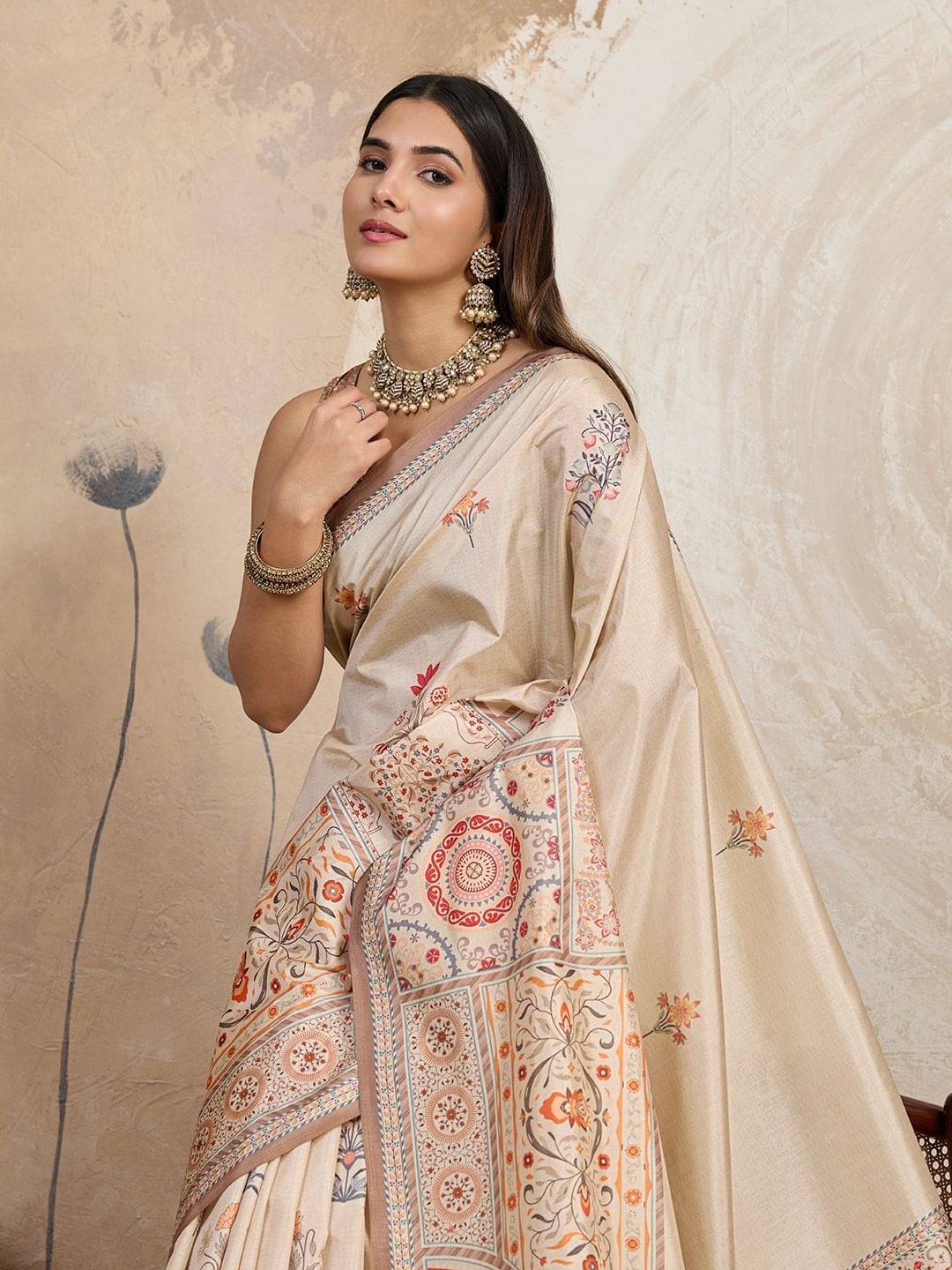 Durga Textile Silk Blend Printed Regular Saree With Unstitched Blouse Piece ( Beige ) Durga Textile Silk Blend Printed Regular Saree With Unstitched Blouse Piece ( Beige )
