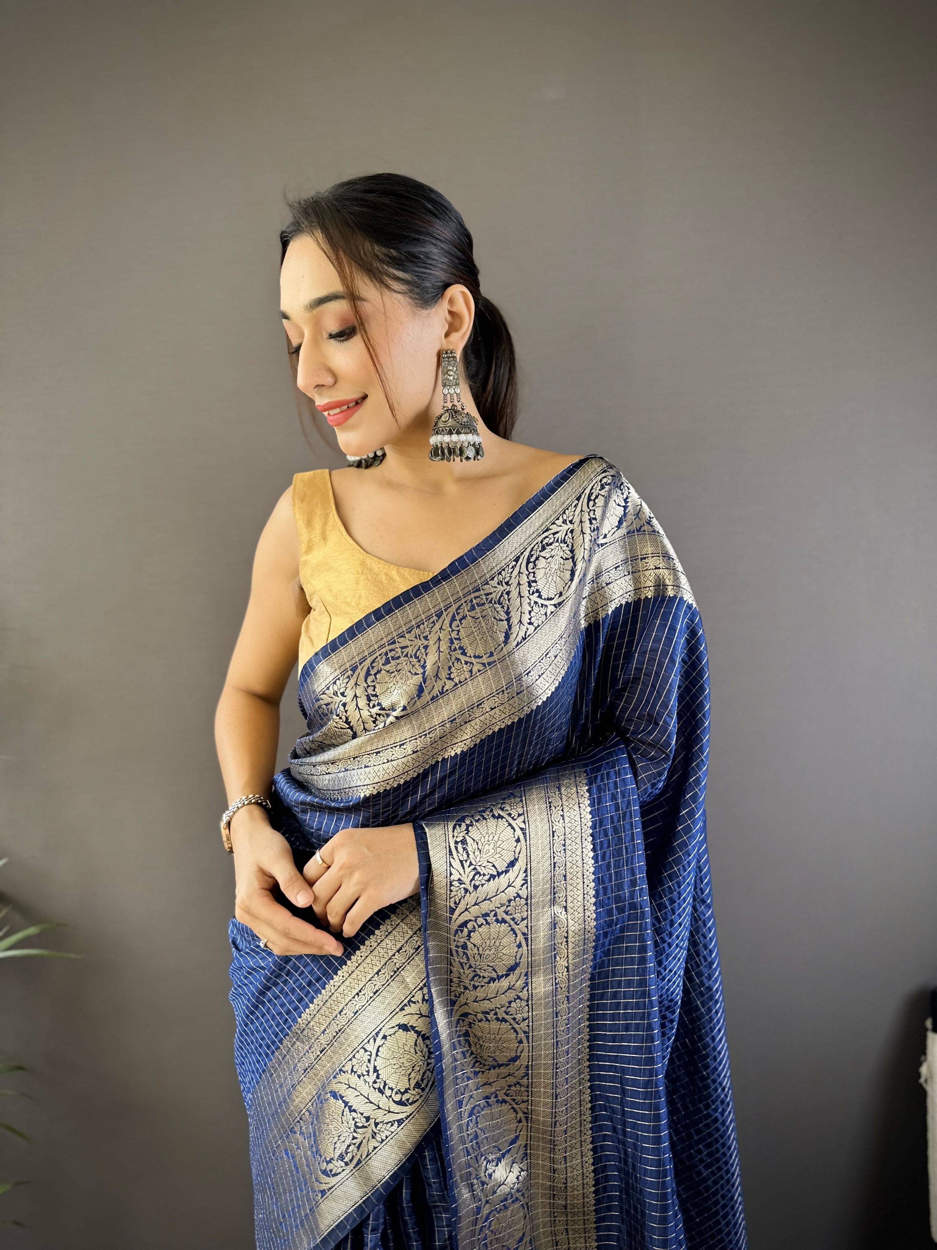 Durga Textile Silk Blend Printed Banarasi saree With Unstitched Blouse Piece ( Blue ) Durga Textile Silk Blend Printed Banarasi saree With Unstitched Blouse Piece ( Blue )