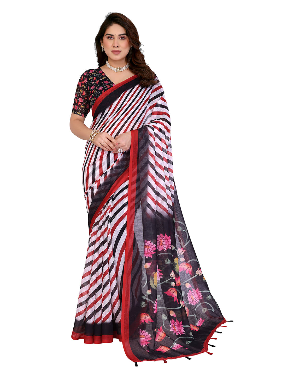Kashvi Sarees Cotton Printed Regular Saree With Unstitched Blouse Piece ( Black ) - Sarees | Buy online on ZillyBuy