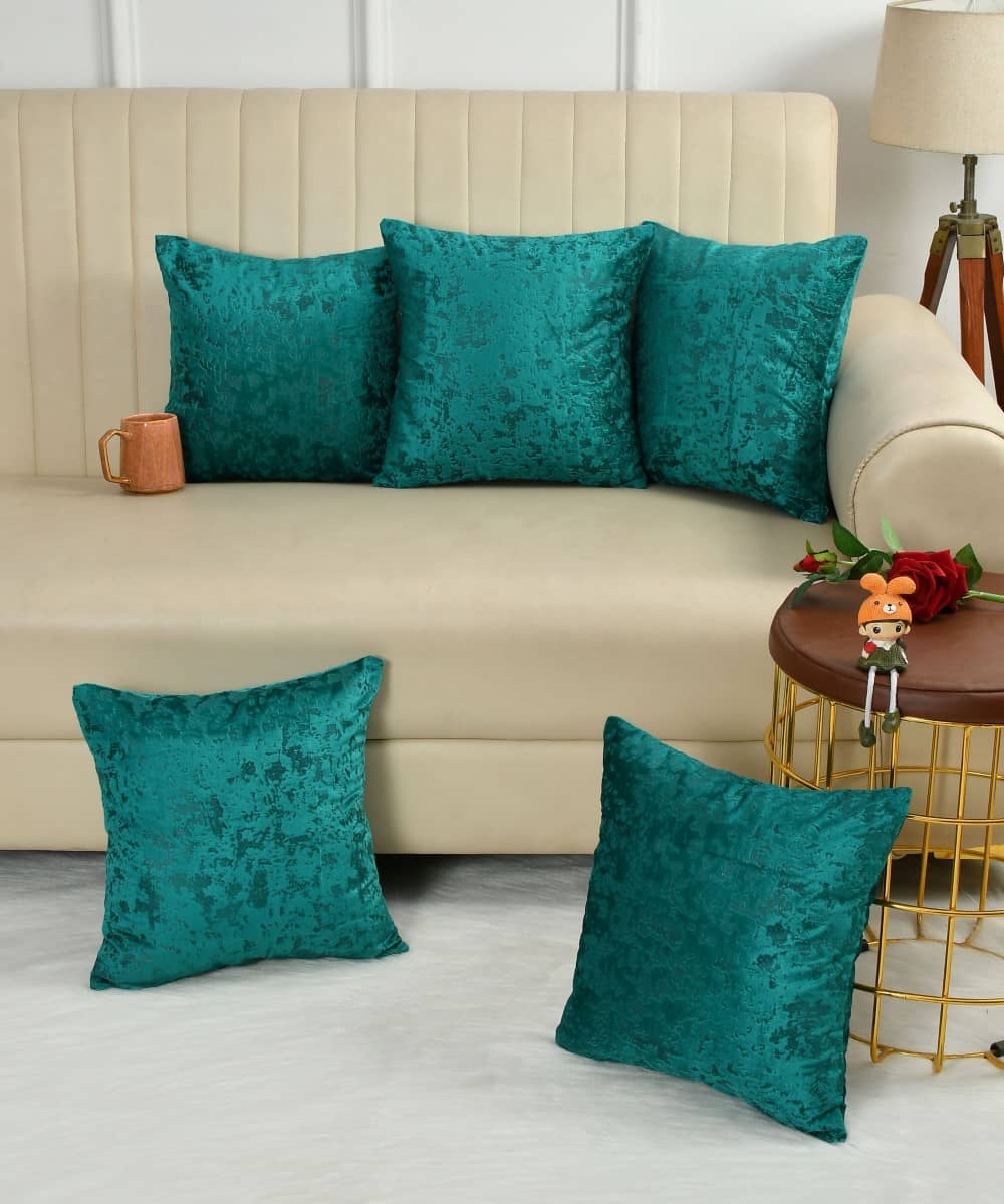 Kraftiq Homes Set of 5 Velvet Floral Square Cushion Cover (40X40)cm - Aqua