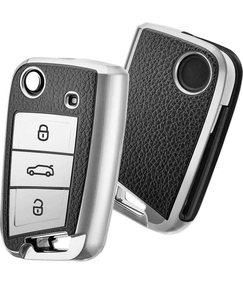 SPINFO™ Premium Soft TPU Leather Pattern Key Cover Compatible with Skoda Kylaq Slavia Kushaq Taigun Tiguan Virtus Octavia Kodiaq Superb Folding Key
