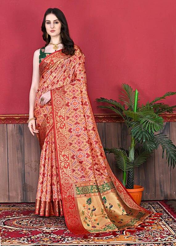     			Virdhi Textile Crepe Printed Paithani Sarees With Unstitched Blouse Piece ( Red )
