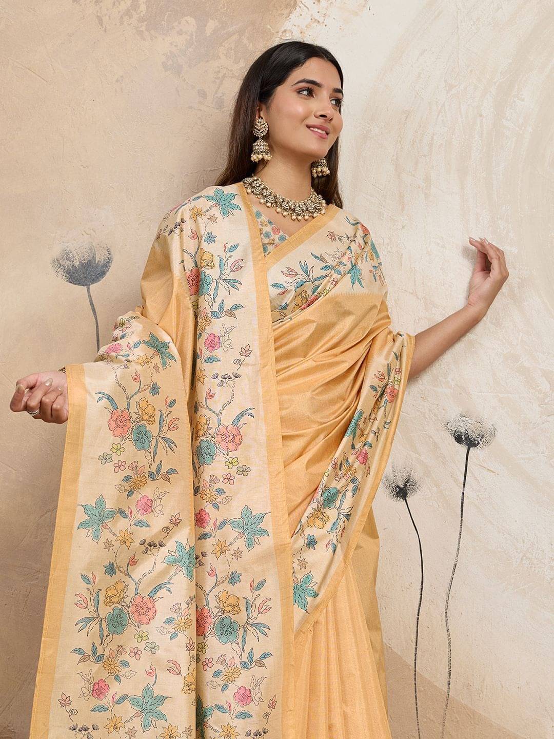 Virdhi Textile Silk Blend Printed Regular Saree With Unstitched Blouse Piece ( Mustard ) Virdhi Textile Silk Blend Printed Regular Saree With Unstitched Blouse Piece ( Mustard )