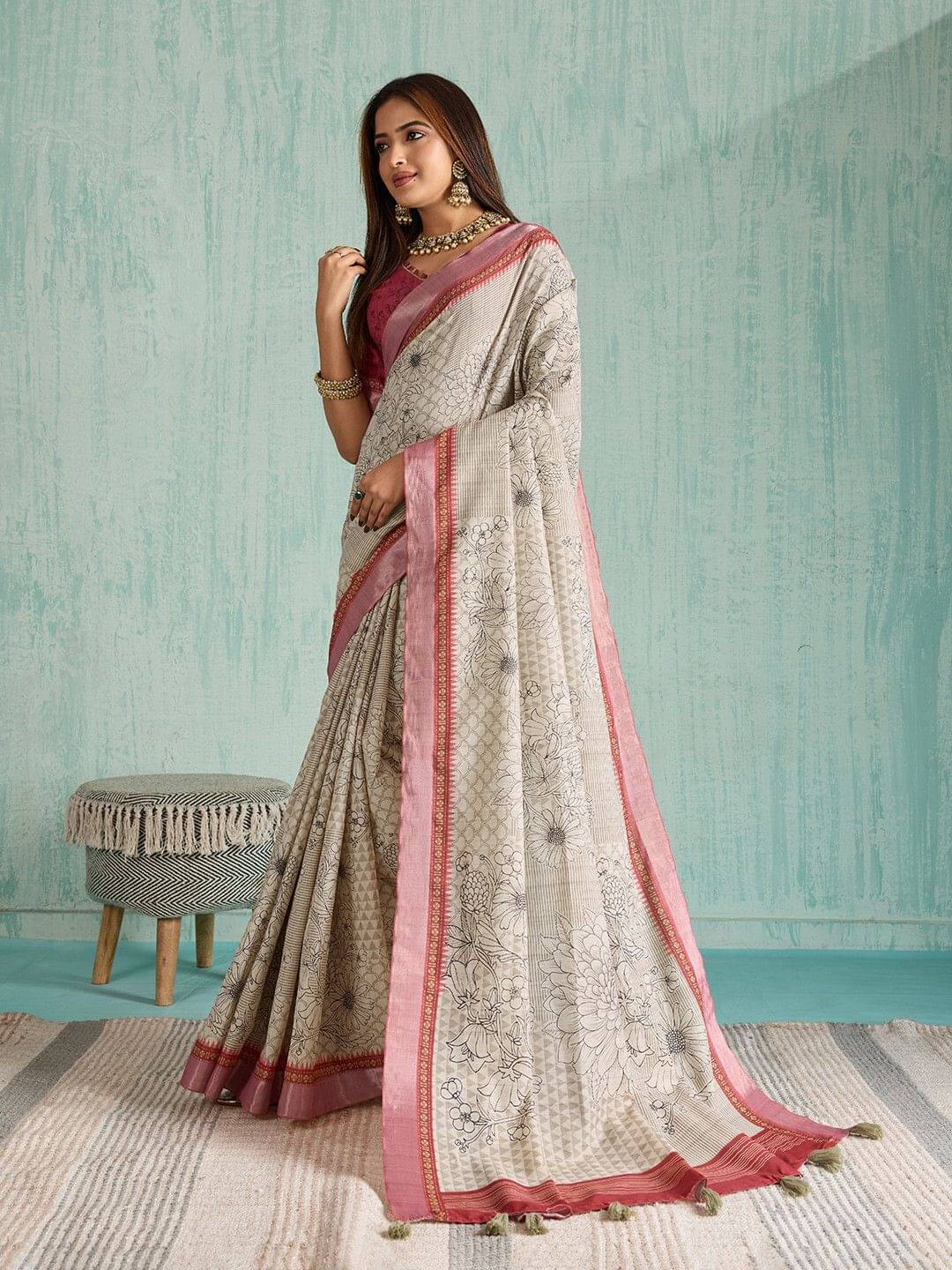 Virdhi Textile Silk Blend Printed Regular Saree With Unstitched Blouse Piece ( Beige ) Virdhi Textile Silk Blend Printed Regular Saree With Unstitched Blouse Piece ( Beige )