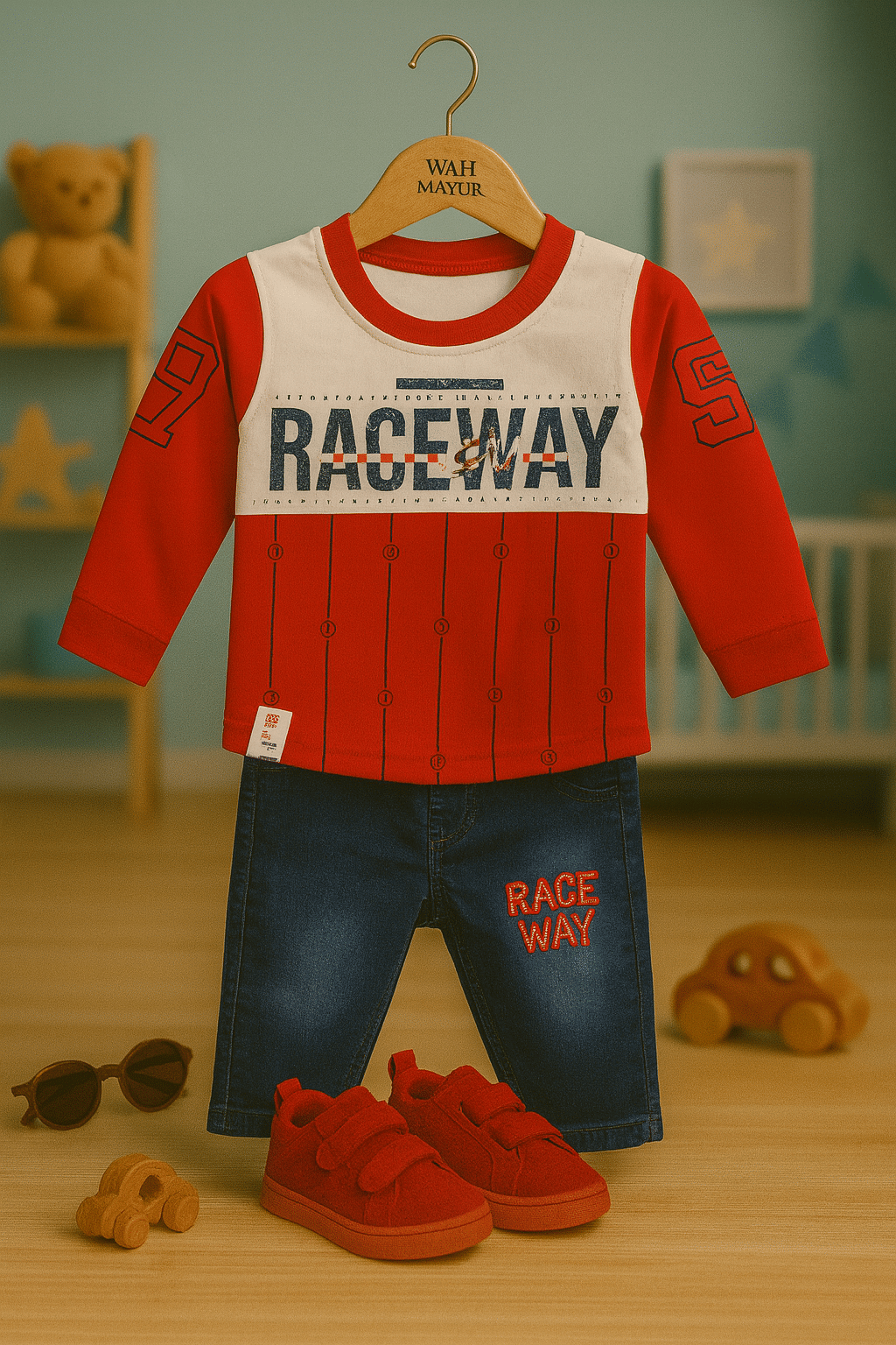 Wah Mayur Pack of 1 Baby Boys Cotton Blend T-Shirt & Jeans Set ( Red ) Wah Mayur Pack of 1 Baby Boys Cotton Blend T-Shirt & Jeans Set ( Red )