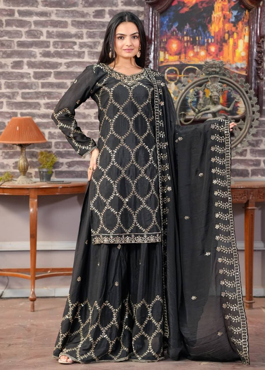 poshkala Women Chiffon Embroidered Anarkali Kurti With Sharara And Gharara ( Black ) poshkala Women Chiffon Embroidered Anarkali Kurti With Sharara And Gharara ( Black )