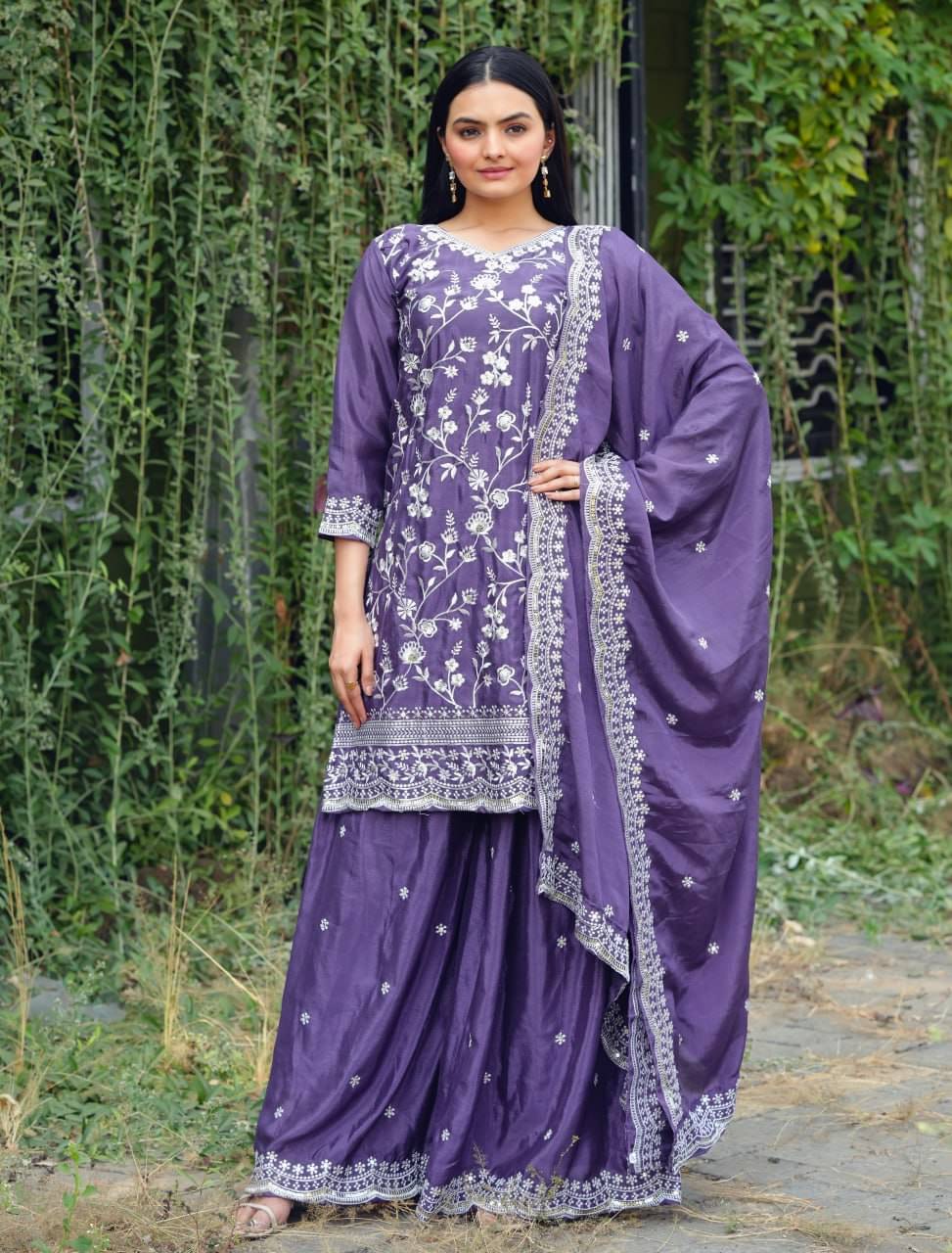 poshkala Women Chiffon Embroidered Anarkali Kurti With Sharara And Gharara ( Violet ) poshkala Women Chiffon Embroidered Anarkali Kurti With Sharara And Gharara ( Violet )