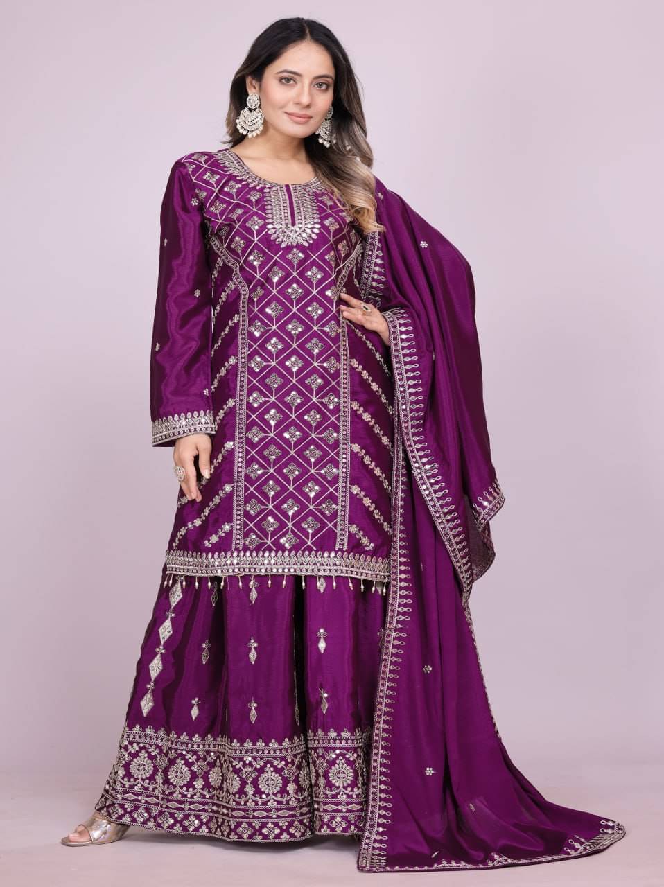 poshkala Women Chiffon Embroidered Anarkali Kurti With Sharara And Gharara ( Purple ) poshkala Women Chiffon Embroidered Anarkali Kurti With Sharara And Gharara ( Purple )