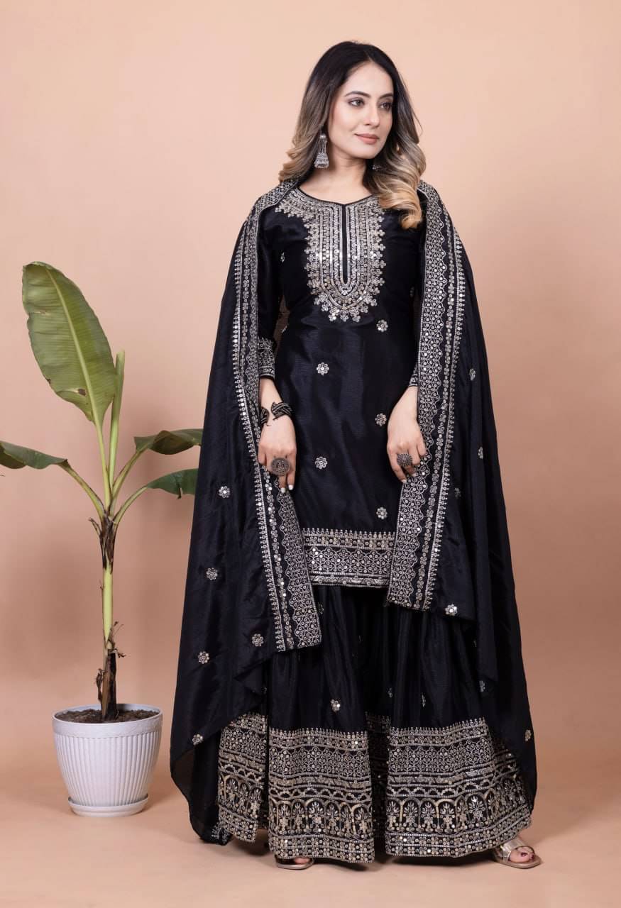 poshkala Women Chiffon Embroidered Anarkali Kurti With Sharara And Gharara ( Black ) poshkala Women Chiffon Embroidered Anarkali Kurti With Sharara And Gharara ( Black )