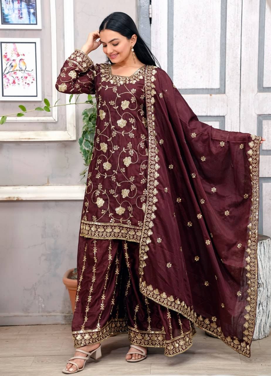 poshkala Women Chiffon Embroidered Anarkali Kurti With Sharara And Gharara ( Maroon ) poshkala Women Chiffon Embroidered Anarkali Kurti With Sharara And Gharara ( Maroon )