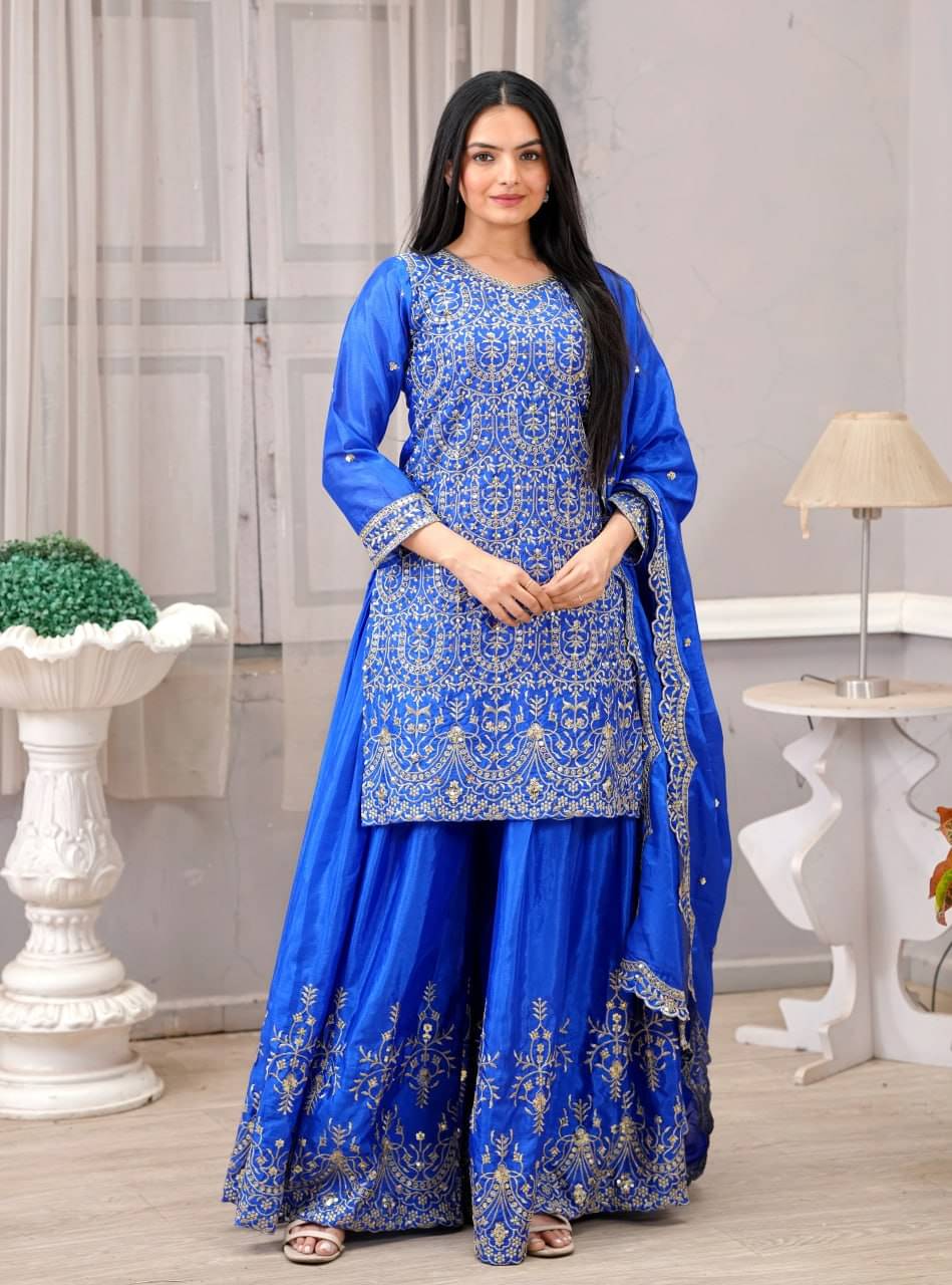 poshkala Women Chiffon Embroidered Anarkali Kurti With Sharara And Gharara ( Blue ) poshkala Women Chiffon Embroidered Anarkali Kurti With Sharara And Gharara ( Blue )