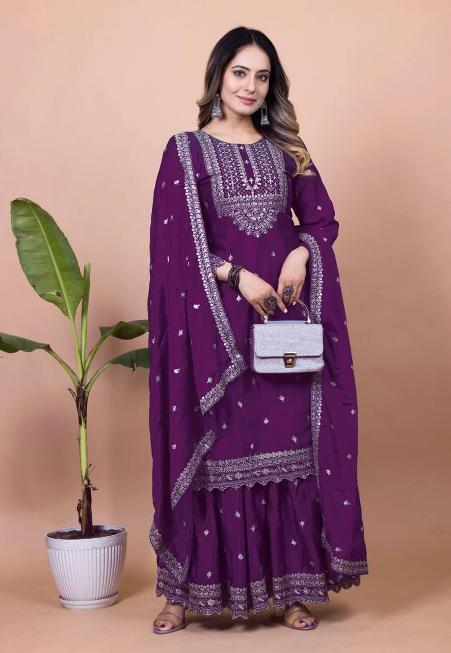 poshkala Women Chiffon Embroidered Anarkali Kurti With Sharara And Gharara ( Purple ) poshkala Women Chiffon Embroidered Anarkali Kurti With Sharara And Gharara ( Purple )