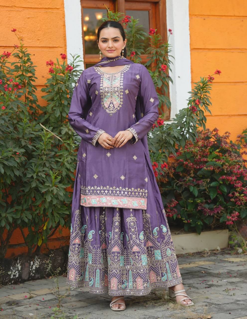 poshkala Women Chiffon Embroidered Anarkali Kurti With Sharara And Gharara ( Lavender ) poshkala Women Chiffon Embroidered Anarkali Kurti With Sharara And Gharara ( Lavender )