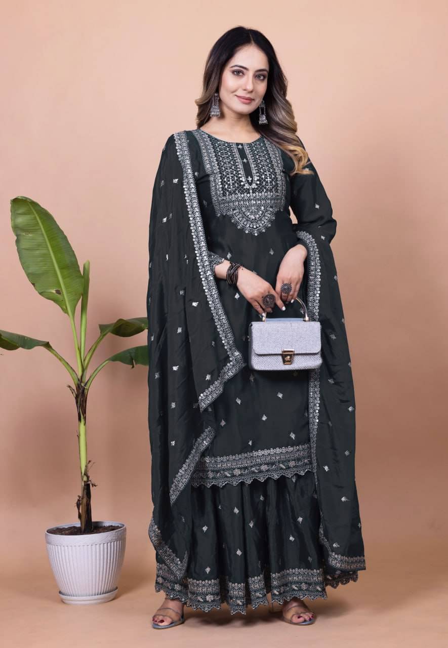 poshkala Women Chiffon Embroidered Anarkali Kurti With Sharara And Gharara ( Black ) poshkala Women Chiffon Embroidered Anarkali Kurti With Sharara And Gharara ( Black )