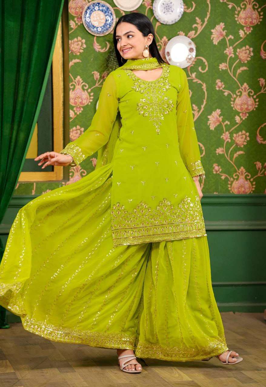     			poshkala Women Georgette Embroidered Anarkali Kurti With Sharara And Gharara ( Fluorescent Green )