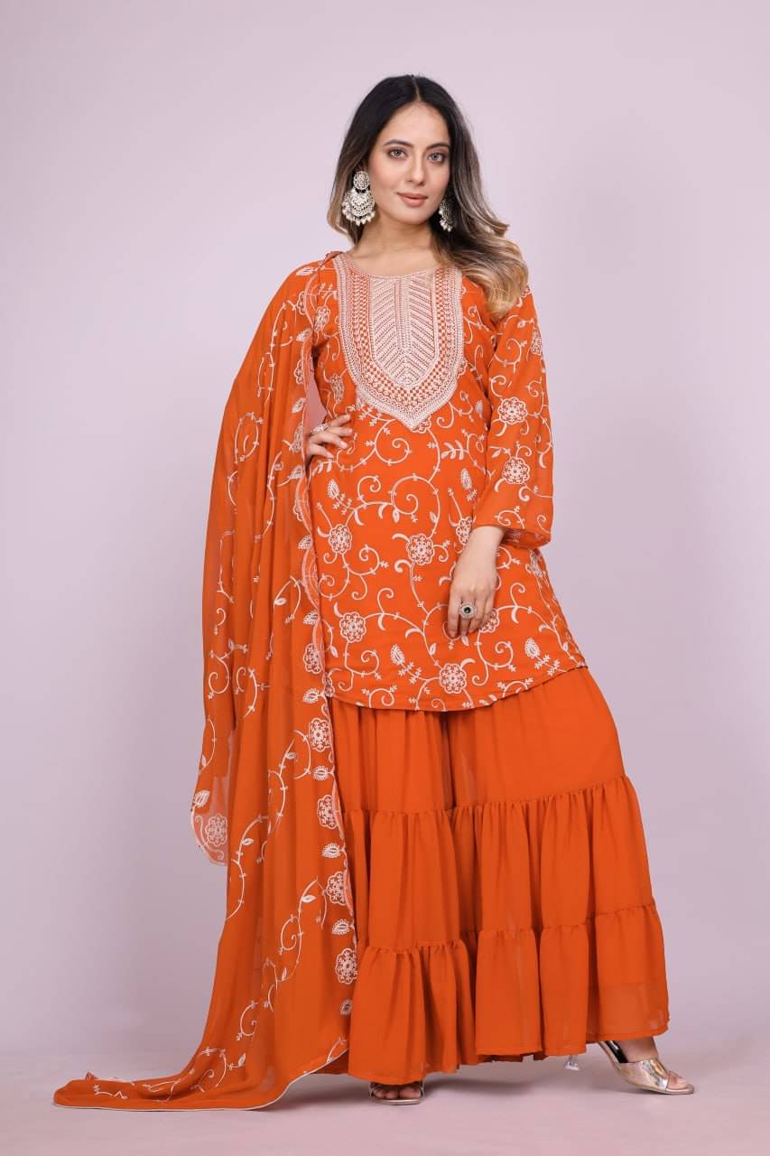     			poshkala Women Georgette Embroidered Anarkali Kurti With Sharara And Gharara ( Orange )