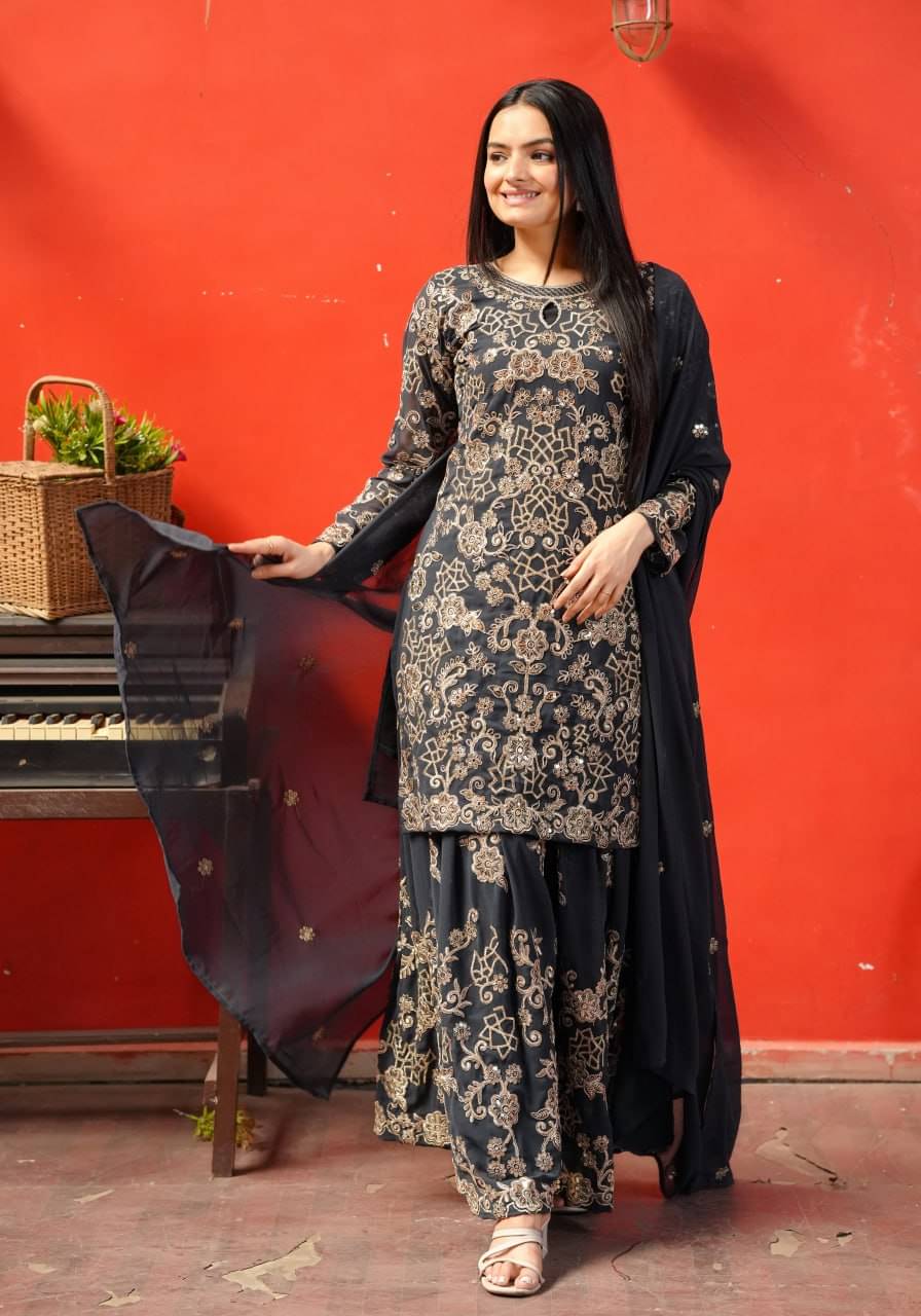     			poshkala Women Georgette Embroidered Anarkali Kurti With Sharara And Gharara ( Black )