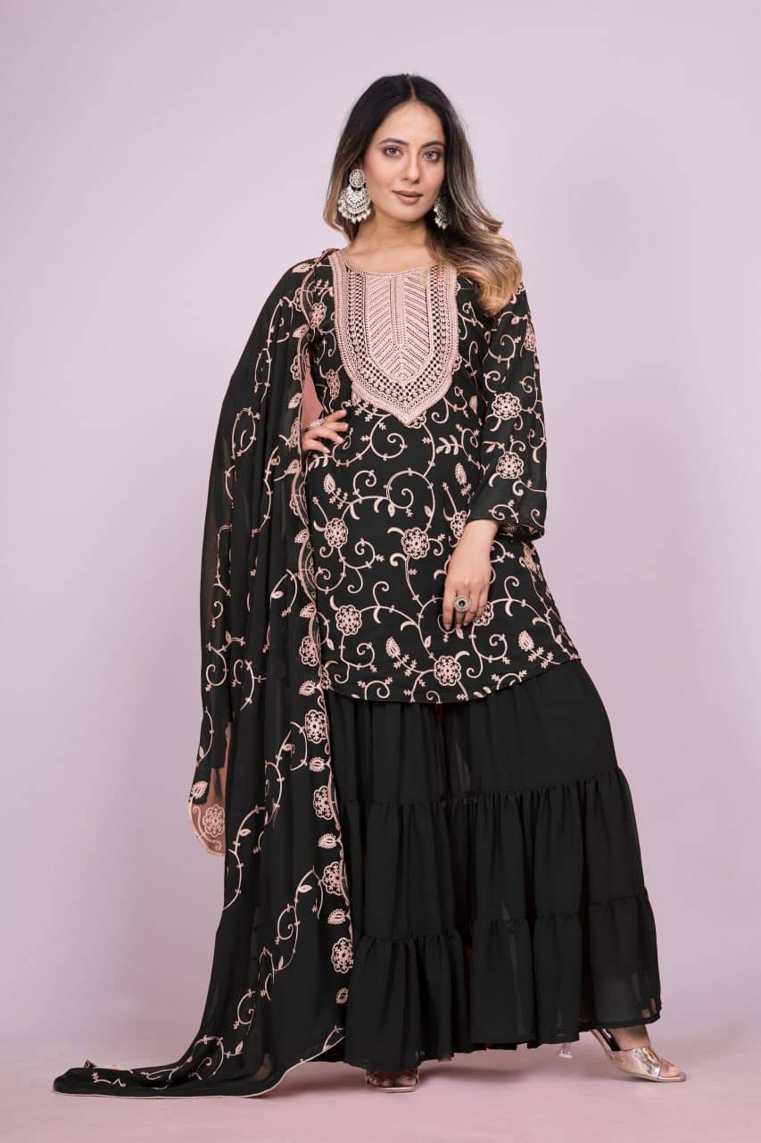    			poshkala Women Georgette Embroidered Anarkali Kurti With Sharara And Gharara ( Black )