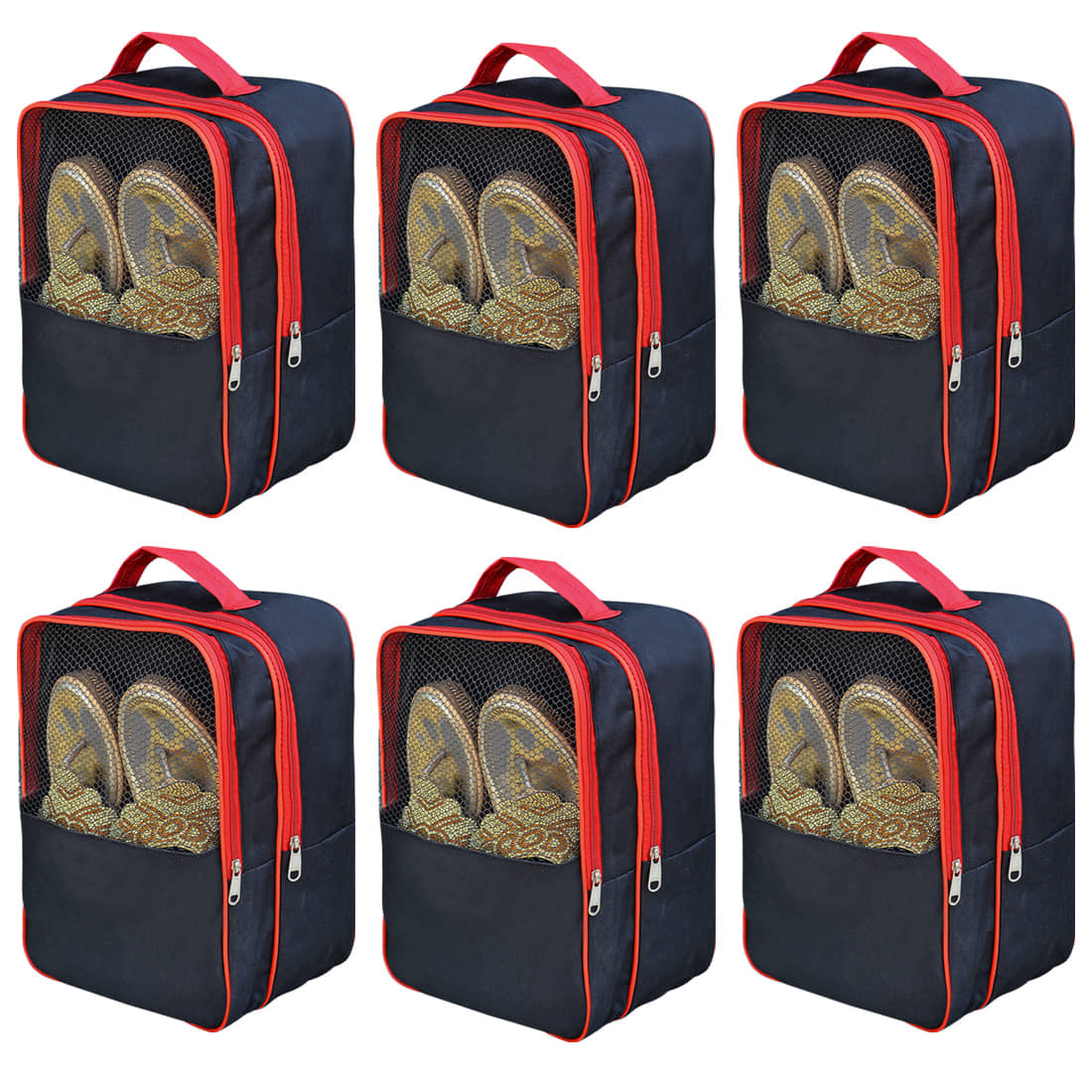 Large Shoe Storage Bag with Mesh Window, Navy Blue and Red Trim, Travel Organiser Bag for Footwear, Transparent Display Case, 30x23x14cm