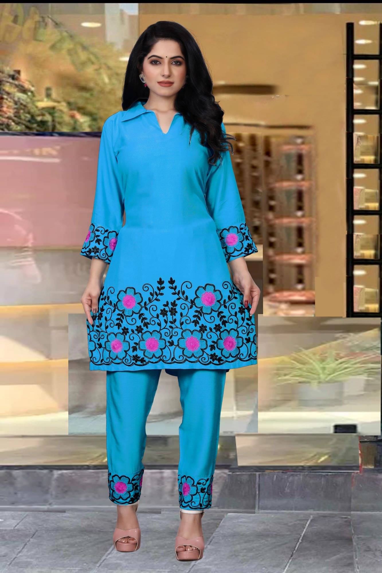     			TUHIRAJ Women Tunic With Trousers Co-Ord Set ( Blue )